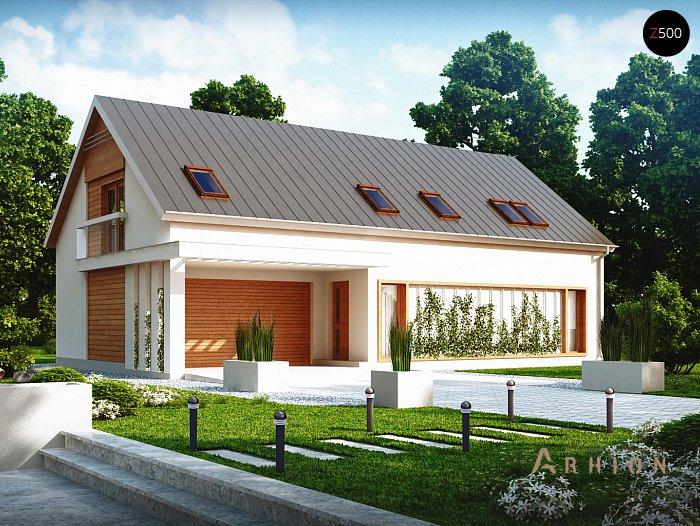 1. Проект одноэтажного дома в канадском стиле с двускатной кровлей, Z238, площадью - 223 кв c мансардой, терассой, гаражом