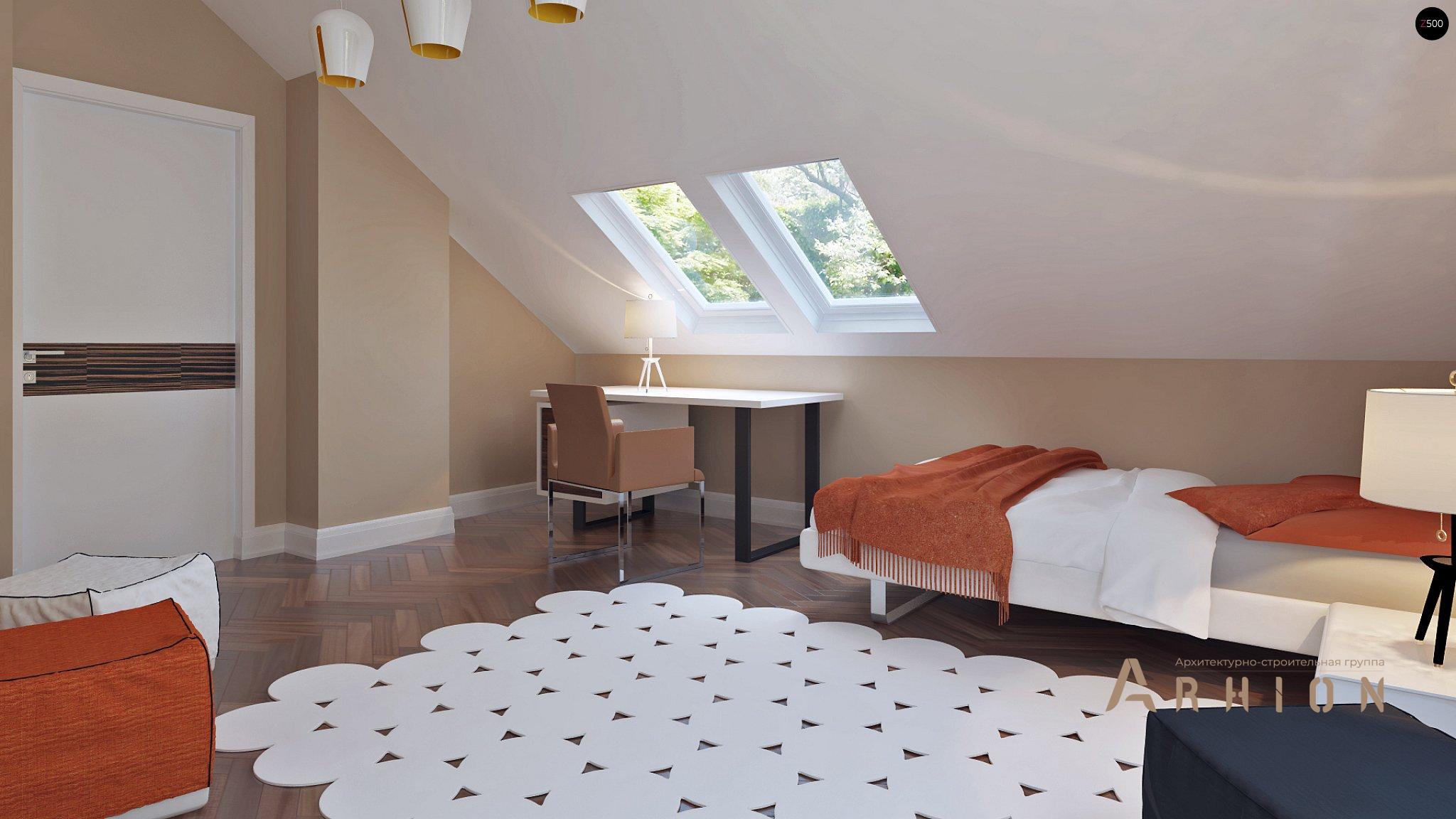 11. Проект одноэтажного дома в современном стиле с двускатной кровлей, Z240, площадью - 195 кв c мансардой, терассой, гаражом