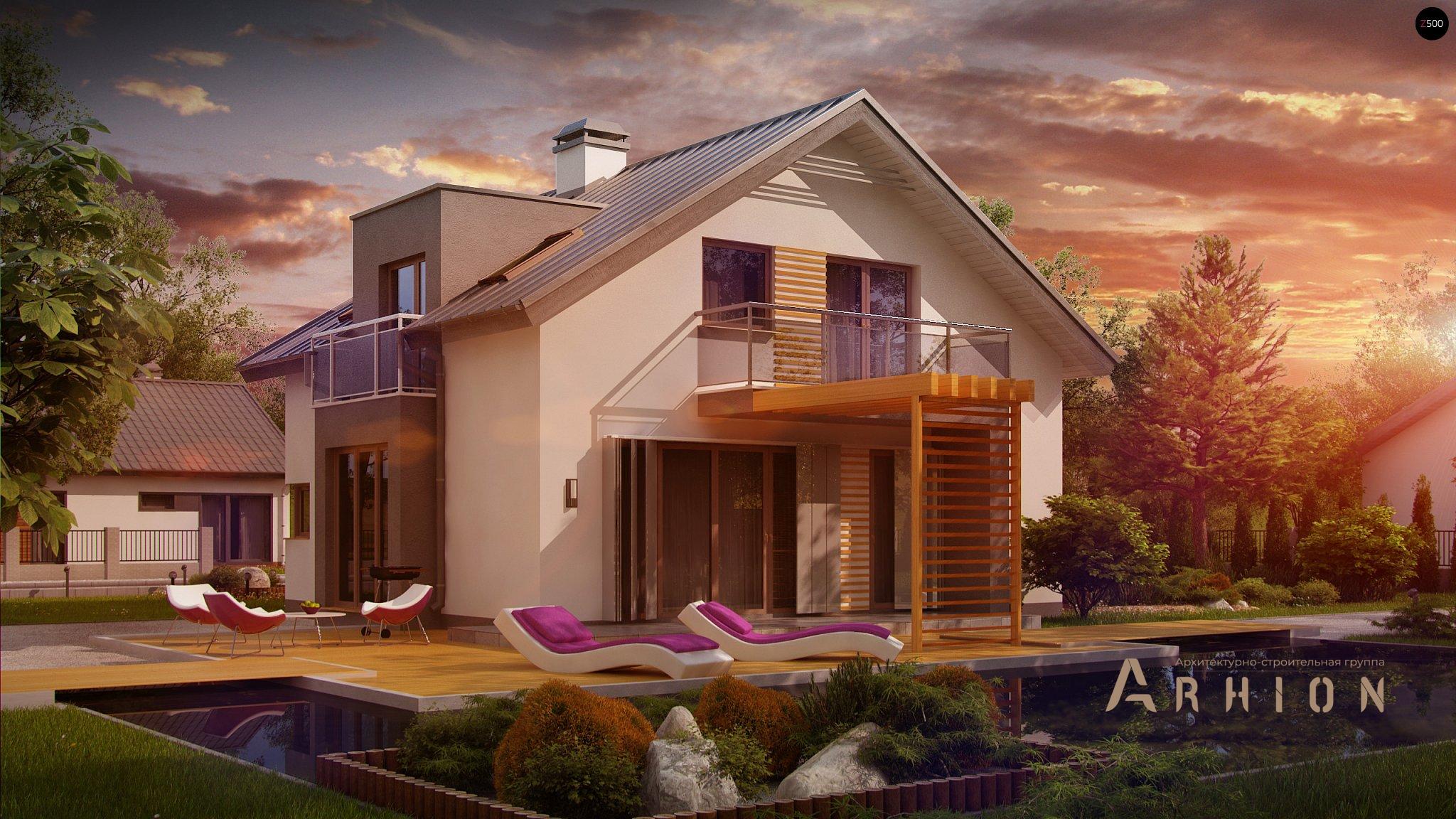 1. Проект одноэтажного дома в европейском стиле с двускатной кровлей, Z245, площадью - 121 кв c мансардой, терассой, балконом