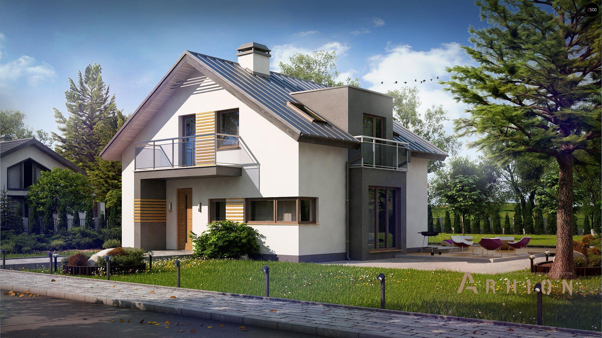 2. Проект одноэтажного дома в европейском стиле с двускатной кровлей, Z245, площадью - 121 кв c мансардой, терассой, балконом