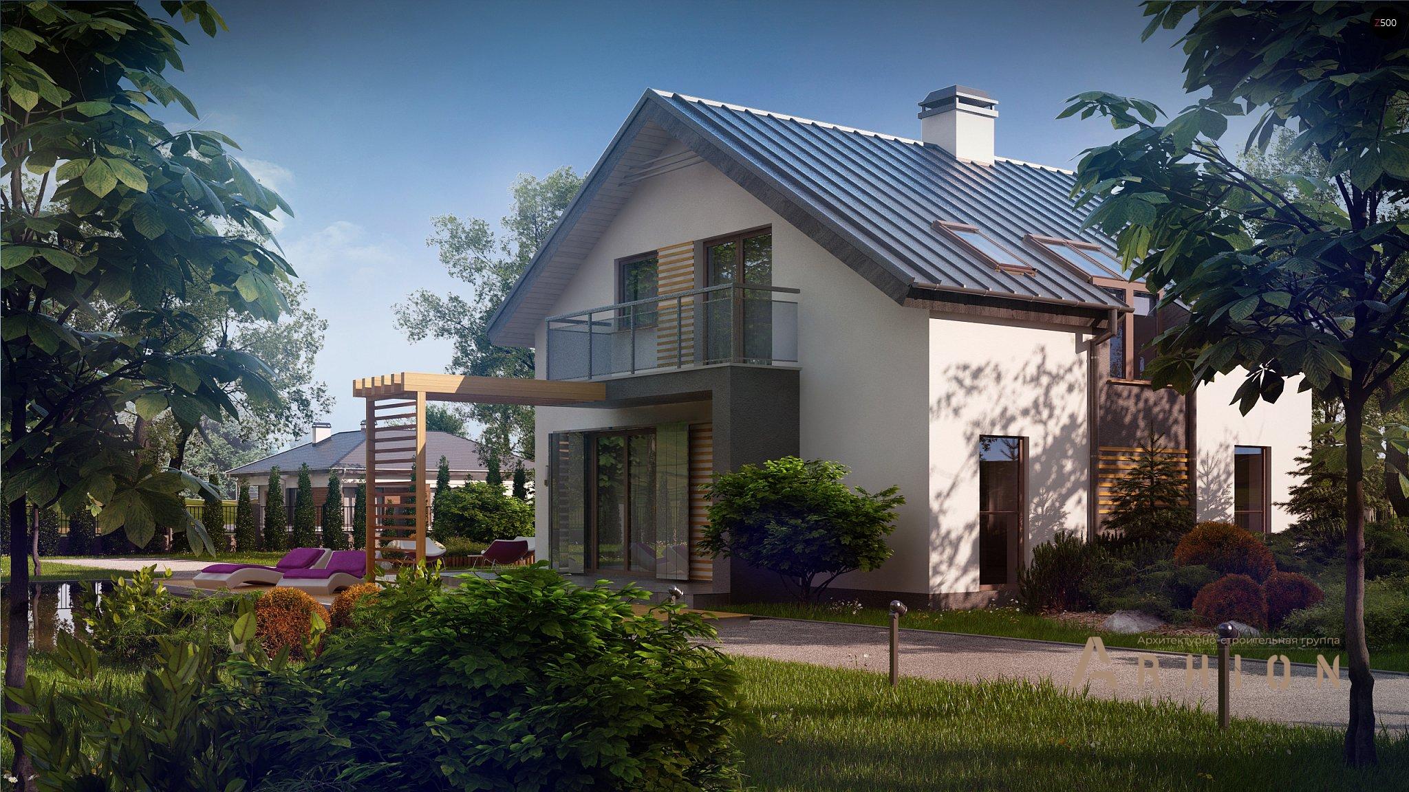 3. Проект одноэтажного дома в европейском стиле с двускатной кровлей, Z245, площадью - 121 кв c мансардой, терассой, балконом