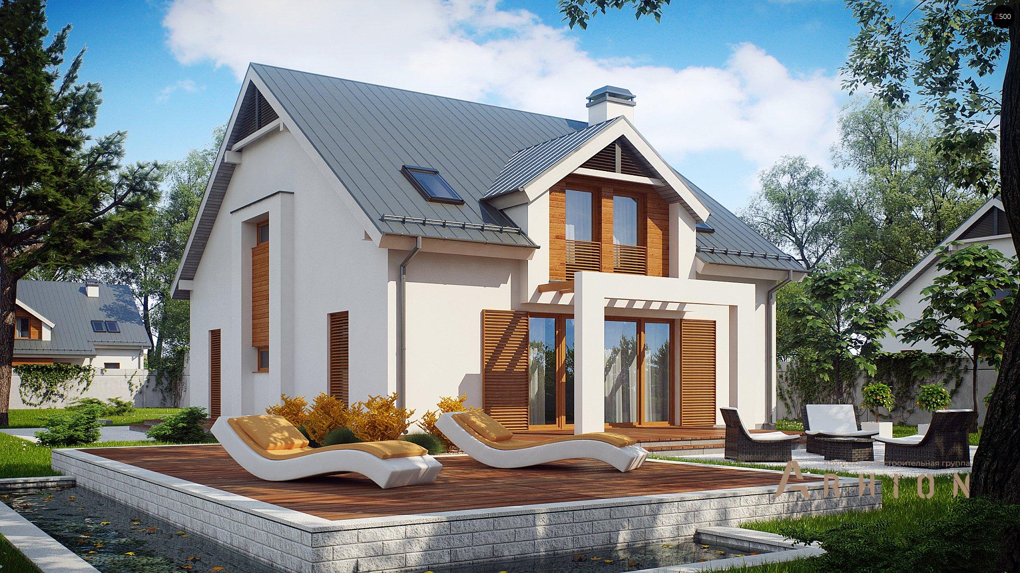 1. Проект одноэтажного дома в современном стиле с двускатной кровлей, Z246, площадью - 203 кв c мансардой, терассой, гаражом