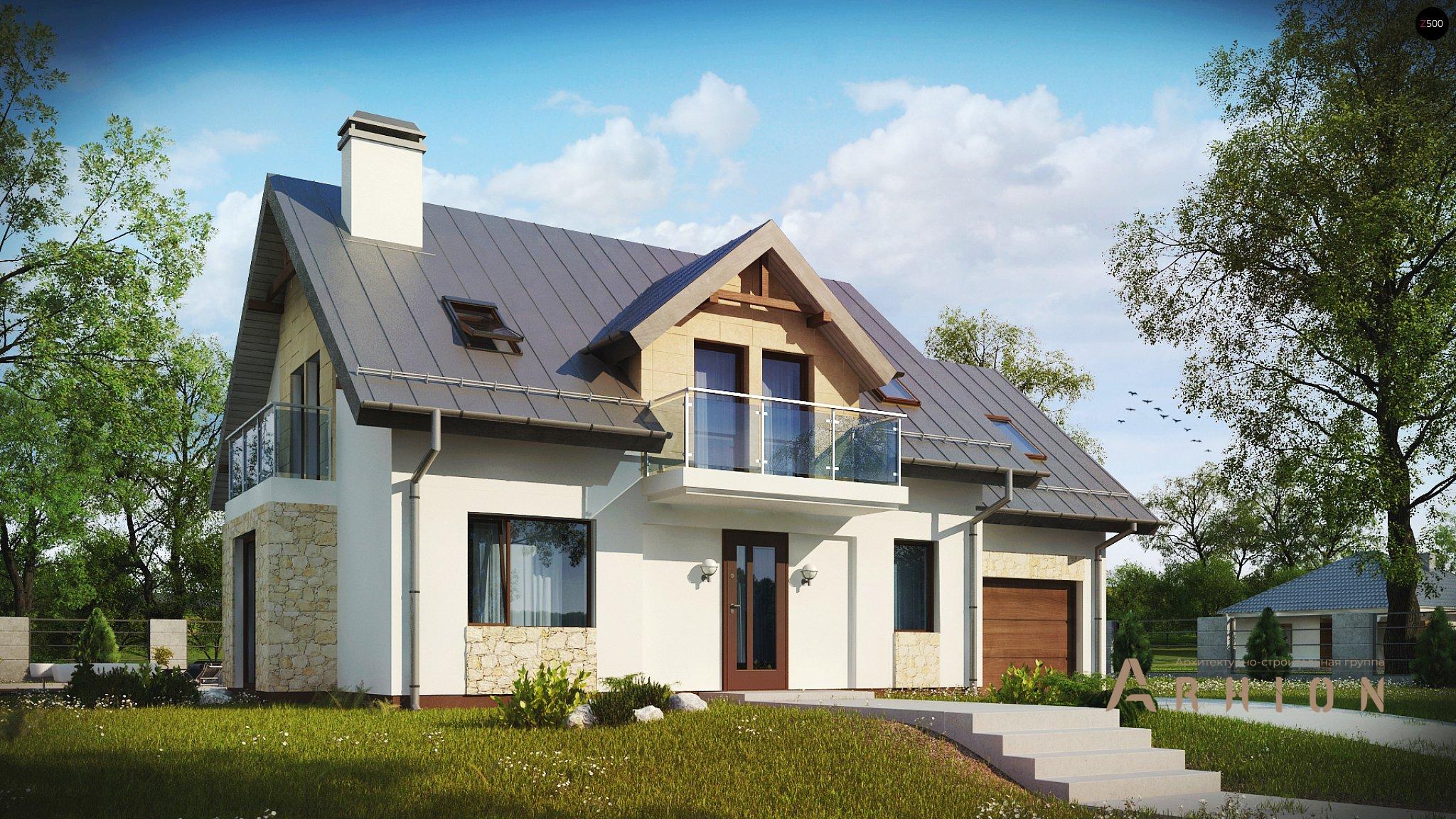 1. Проект одноэтажного дома в альпийском стиле с двускатной кровлей, Z263, площадью - 181 кв c мансардой, терассой, балконом, гаражом, эркером