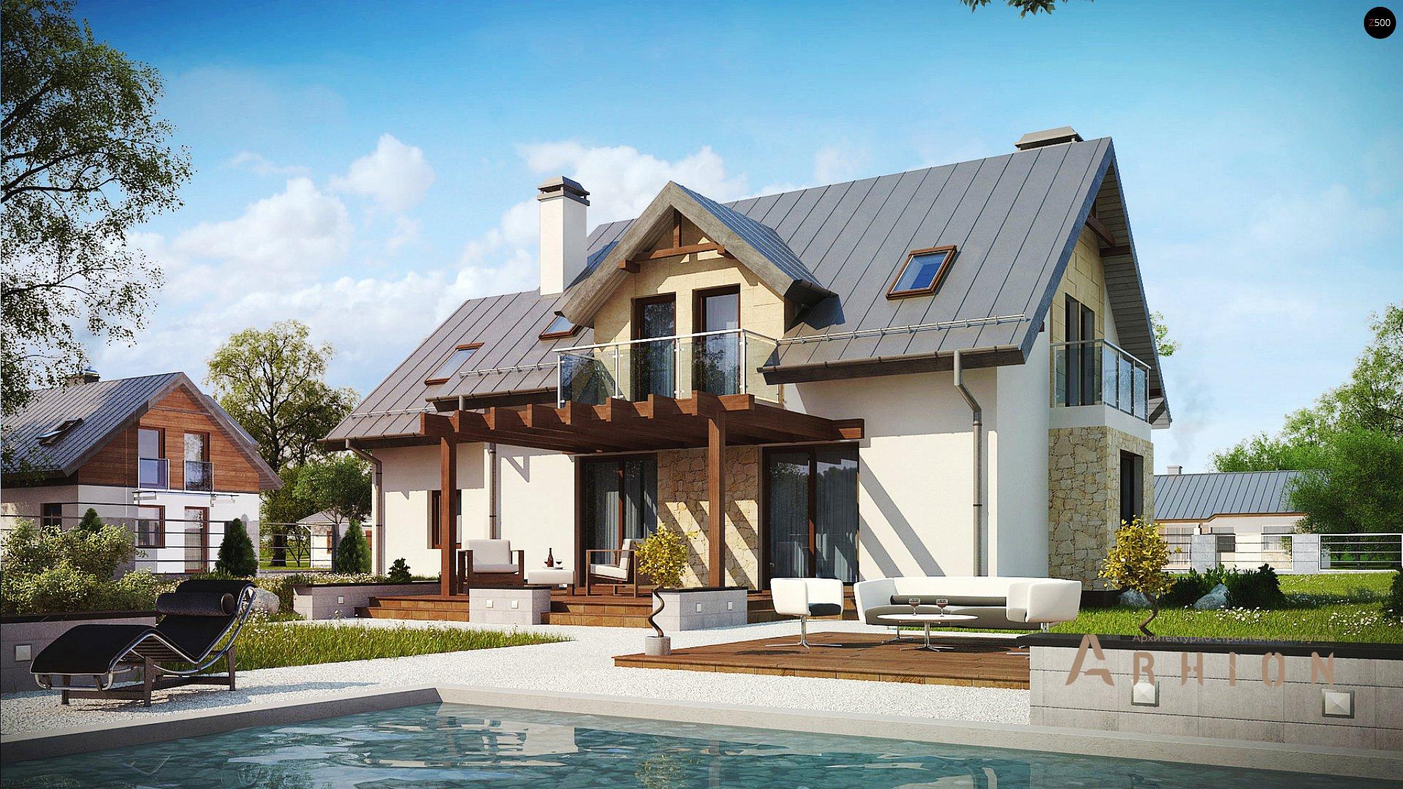 2. Проект одноэтажного дома в альпийском стиле с двускатной кровлей, Z263, площадью - 181 кв c мансардой, терассой, балконом, гаражом, эркером