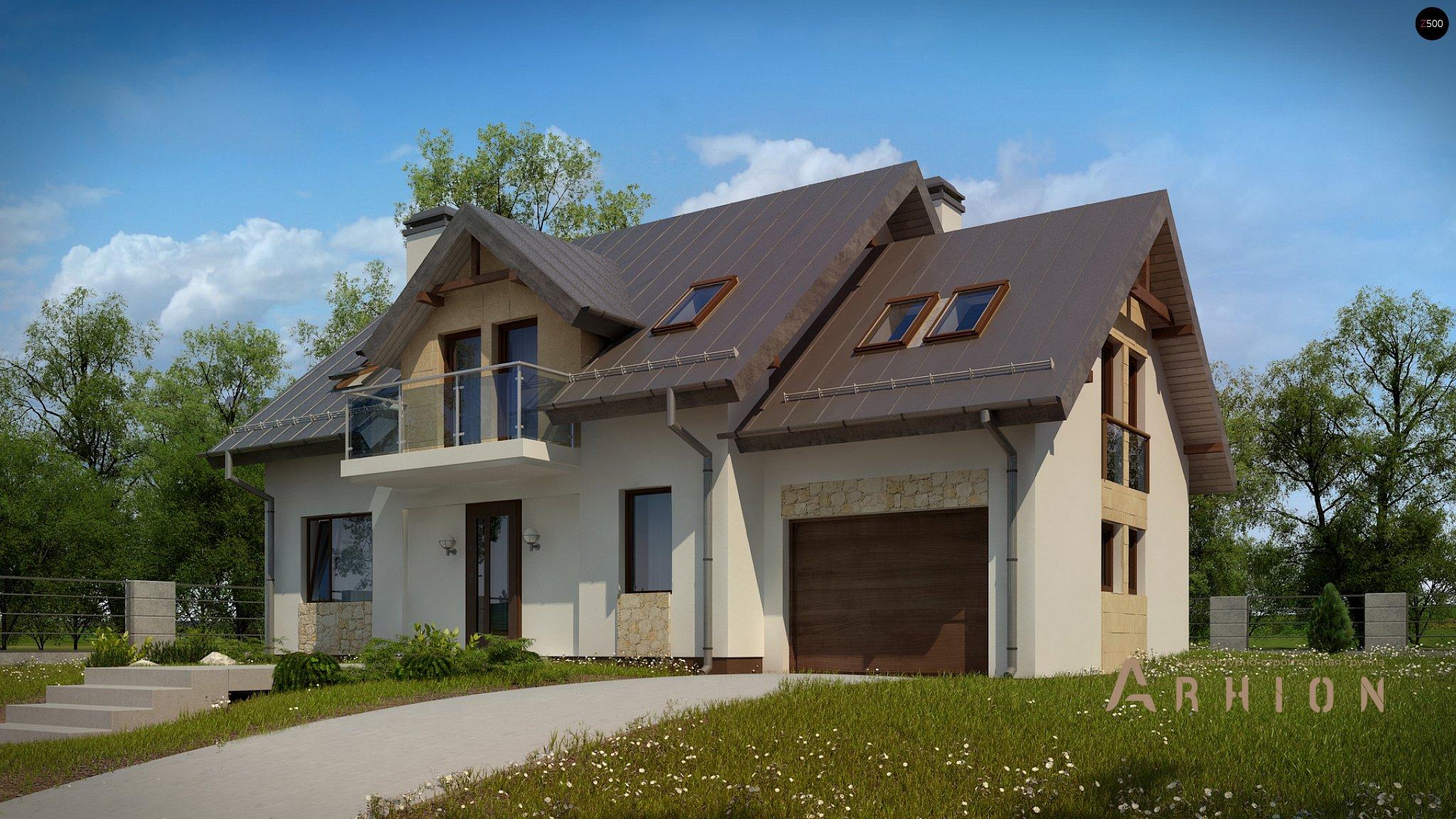 3. Проект одноэтажного дома в альпийском стиле с двускатной кровлей, Z263, площадью - 181 кв c мансардой, терассой, балконом, гаражом, эркером