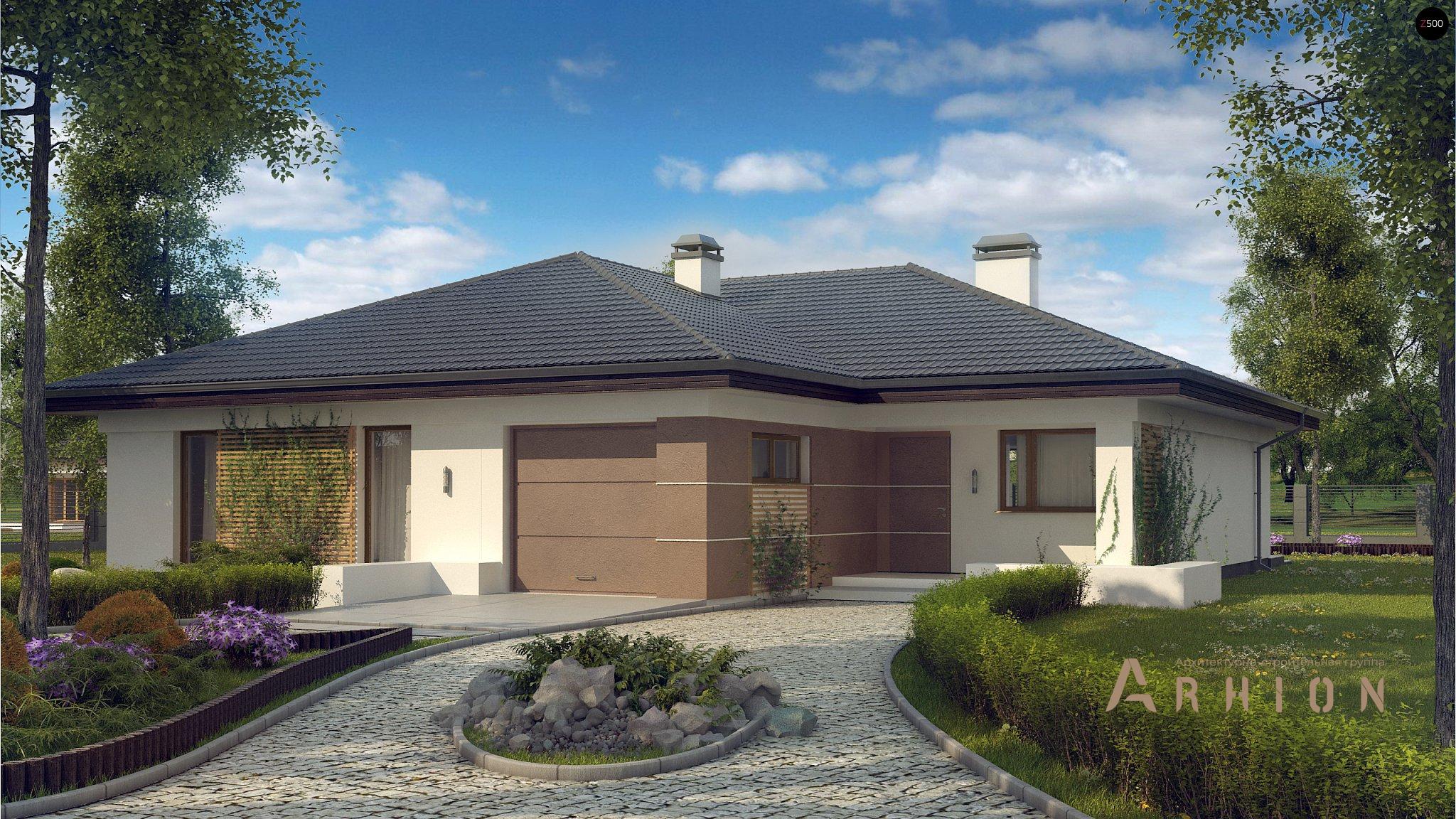 1. Проект одноэтажного дома в современном стиле с четырехскатной, Z268, площадью - 185 кв c терассой, гаражом