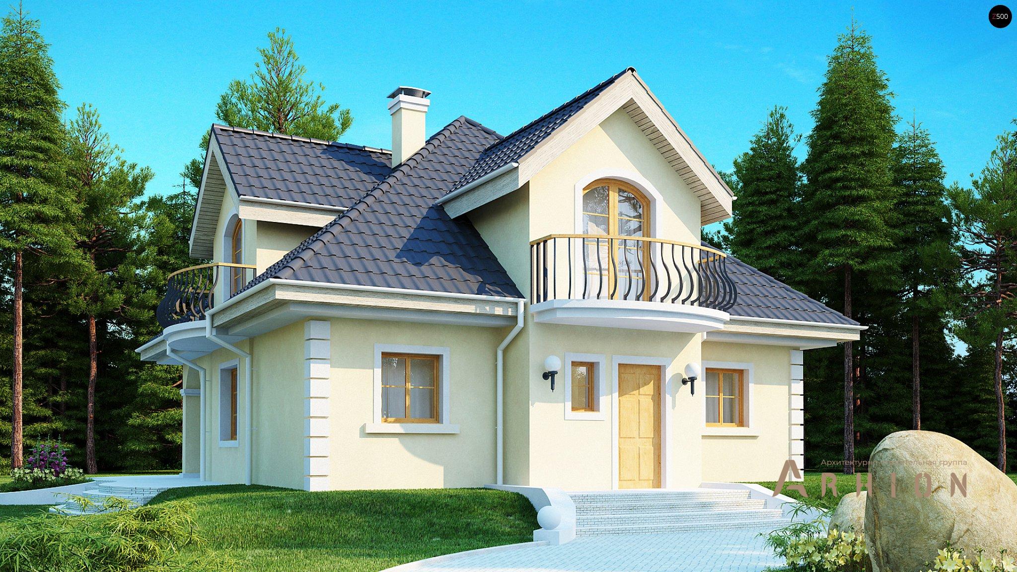 1. Проект одноэтажного дома в европейском стиле с многоскатной кровлей, Z27, площадью - 156 кв c мансардой, терассой, балконом