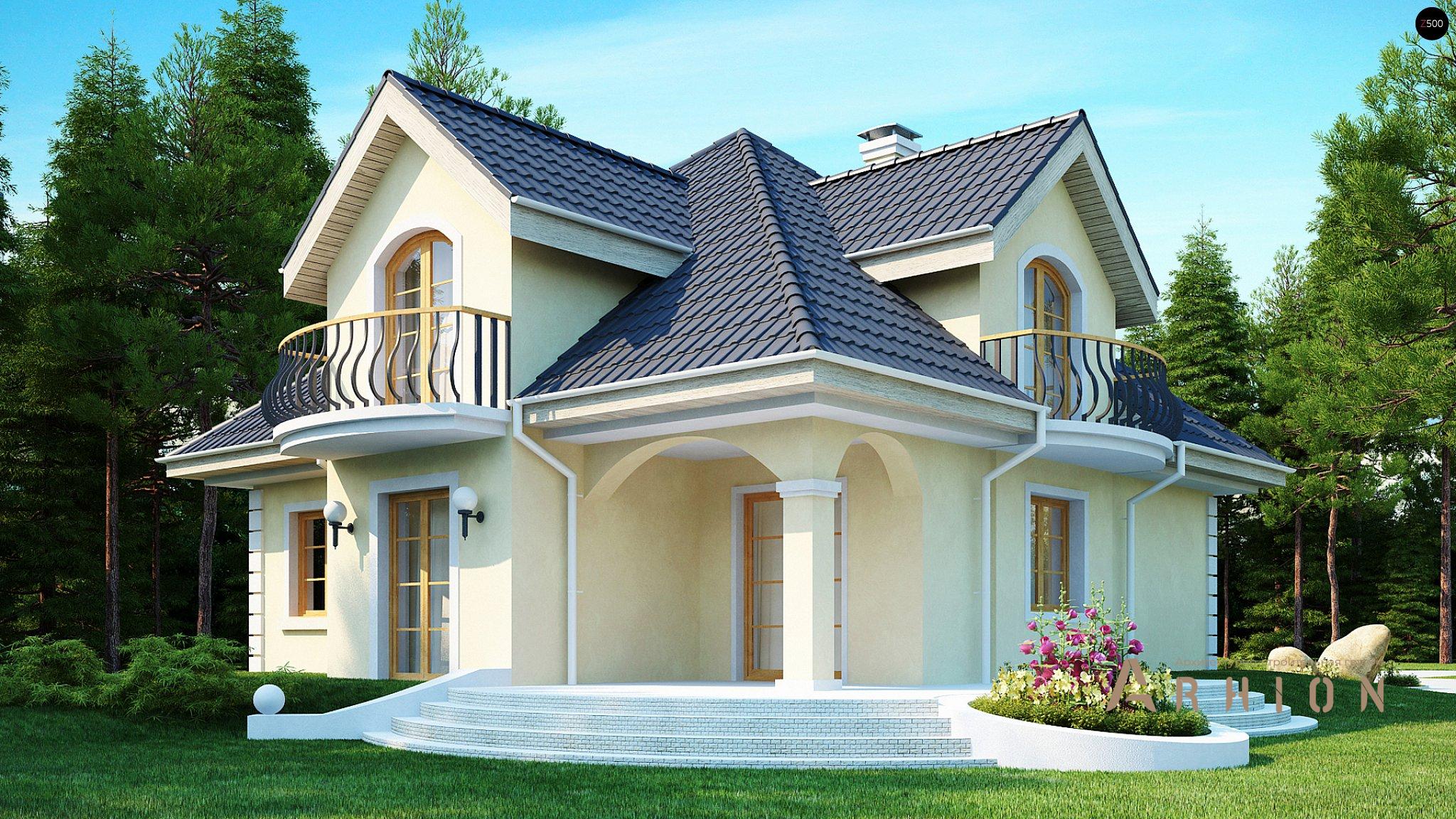 2. Проект одноэтажного дома в европейском стиле с многоскатной кровлей, Z27, площадью - 156 кв c мансардой, терассой, балконом