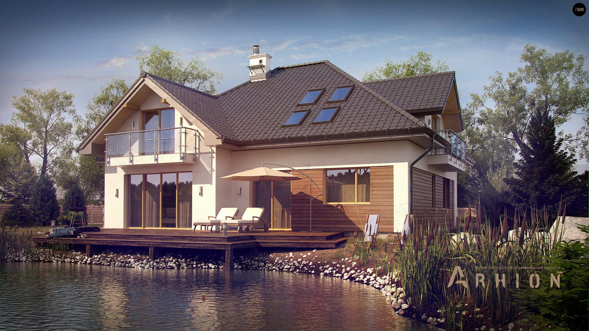 1. Проект одноэтажного дома в альпийском стиле с четырехскатной, Z272, площадью - 263 кв c мансардой, терассой, балконом, гаражом