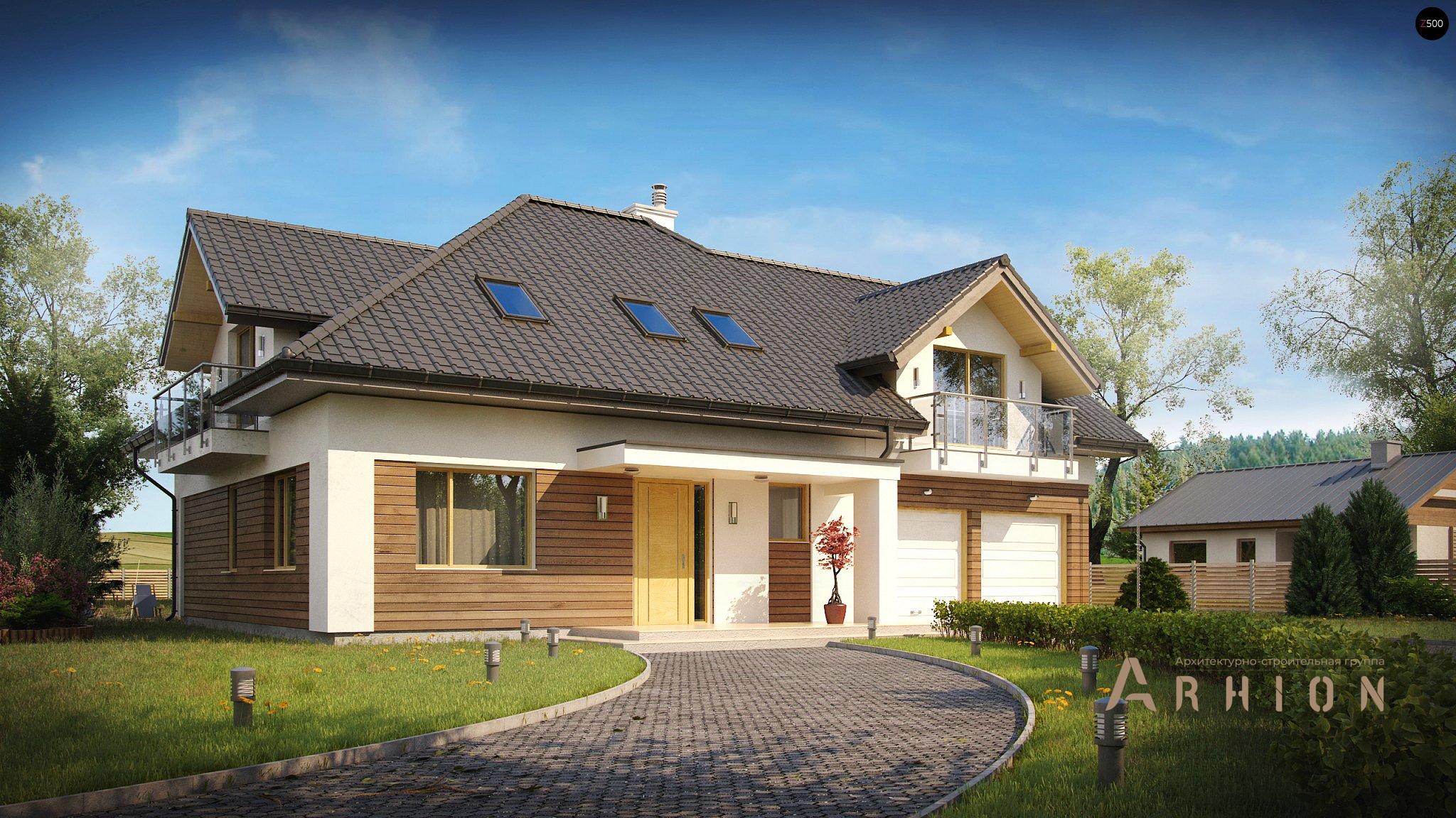 2. Проект одноэтажного дома в альпийском стиле с четырехскатной, Z272, площадью - 263 кв c мансардой, терассой, балконом, гаражом