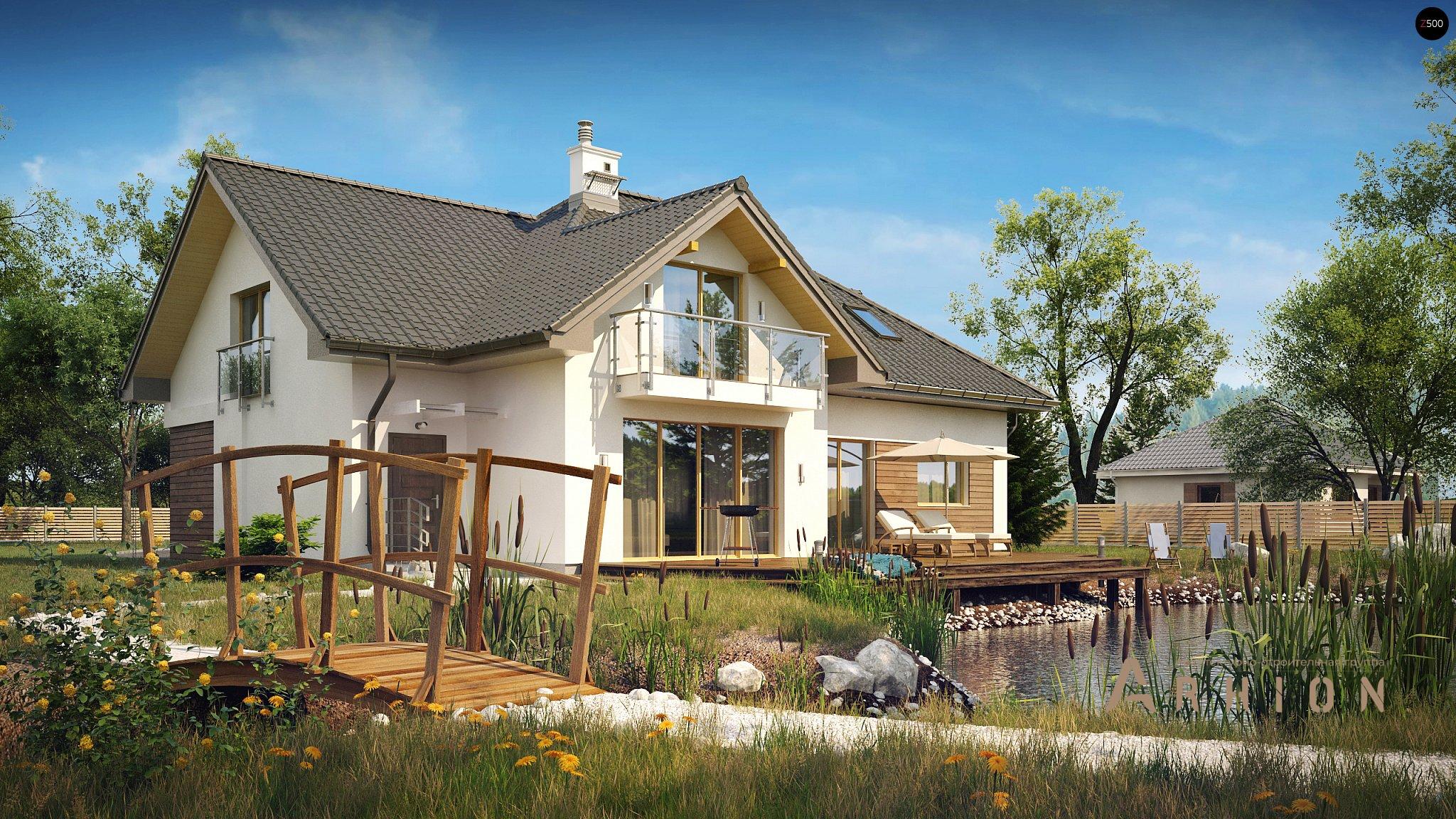 4. Проект одноэтажного дома в альпийском стиле с четырехскатной, Z272, площадью - 263 кв c мансардой, терассой, балконом, гаражом