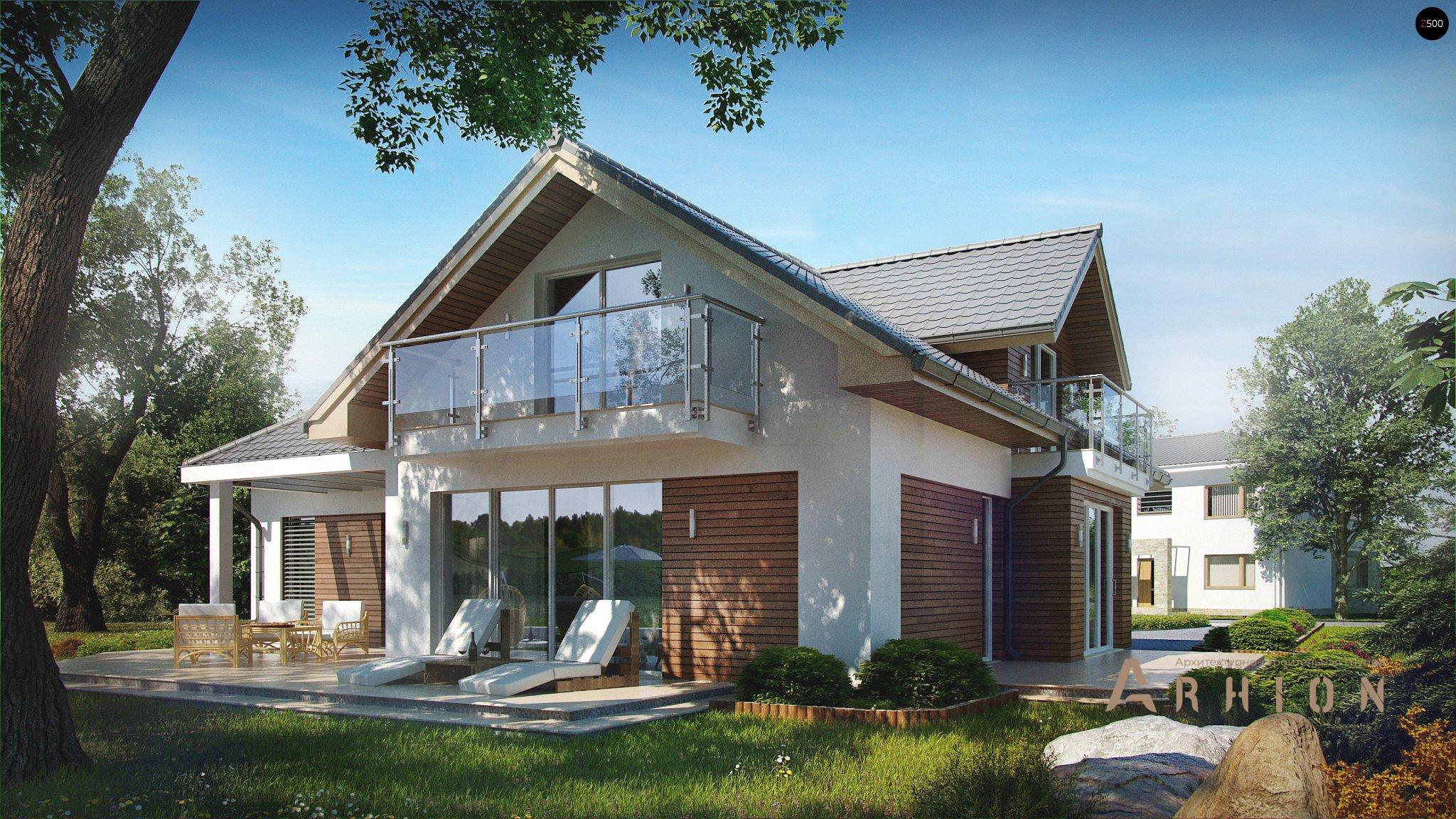 1. Проект одноэтажного дома в альпийском стиле с многоскатной кровлей, Z275, площадью - 260 кв c мансардой, терассой, балконом, гаражом, эркером