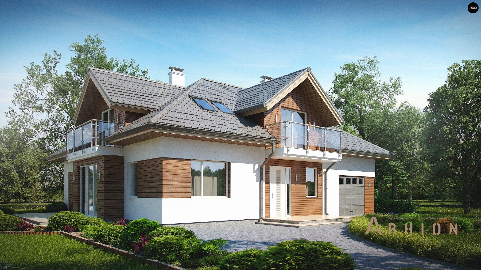 3. Проект одноэтажного дома в альпийском стиле с многоскатной кровлей, Z275, площадью - 260 кв c мансардой, терассой, балконом, гаражом, эркером