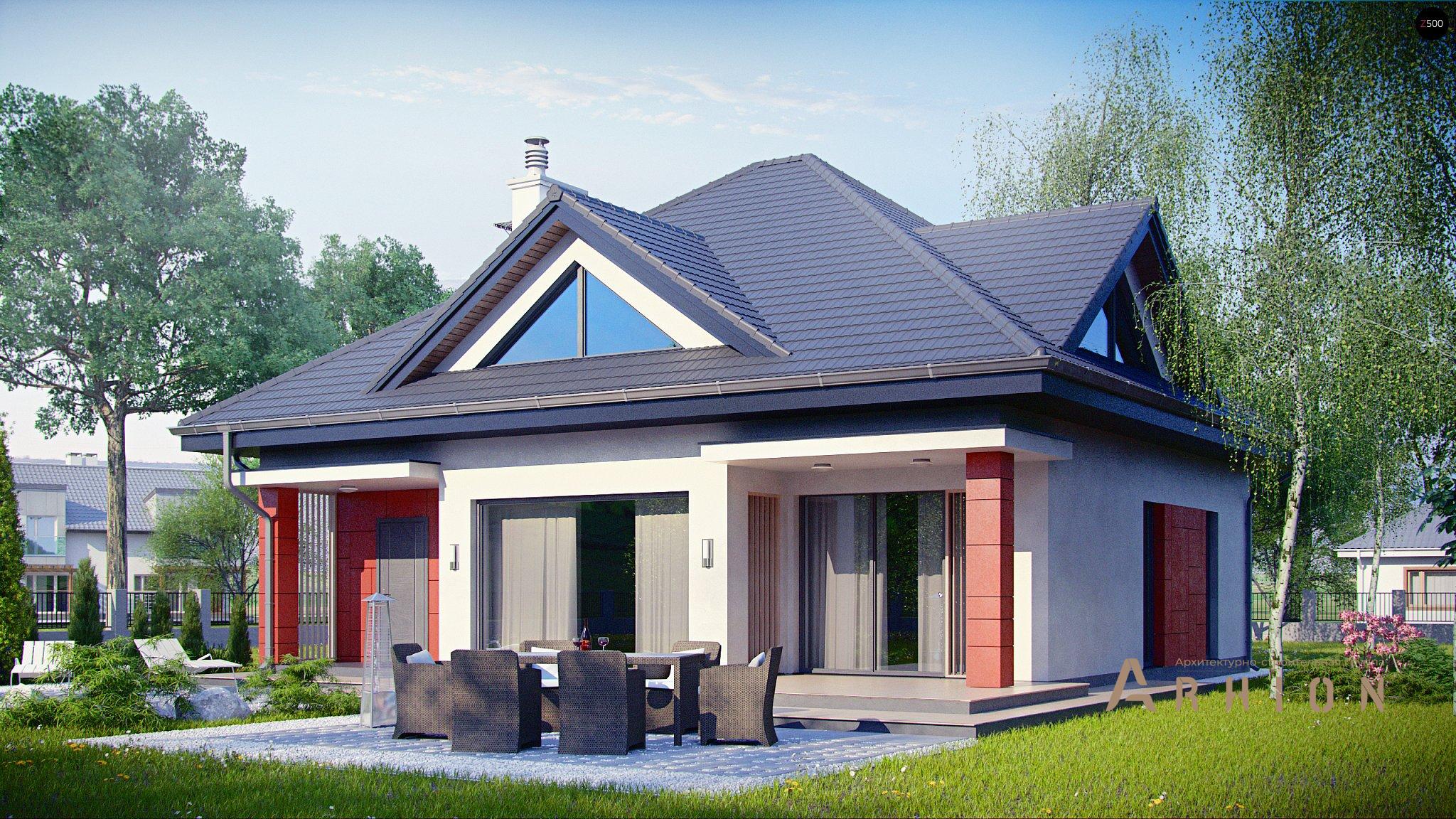 2. Проект одноэтажного дома в европейском стиле с четырехскатной, Z278, площадью - 199 кв c мансардой, терассой, гаражом, эркером