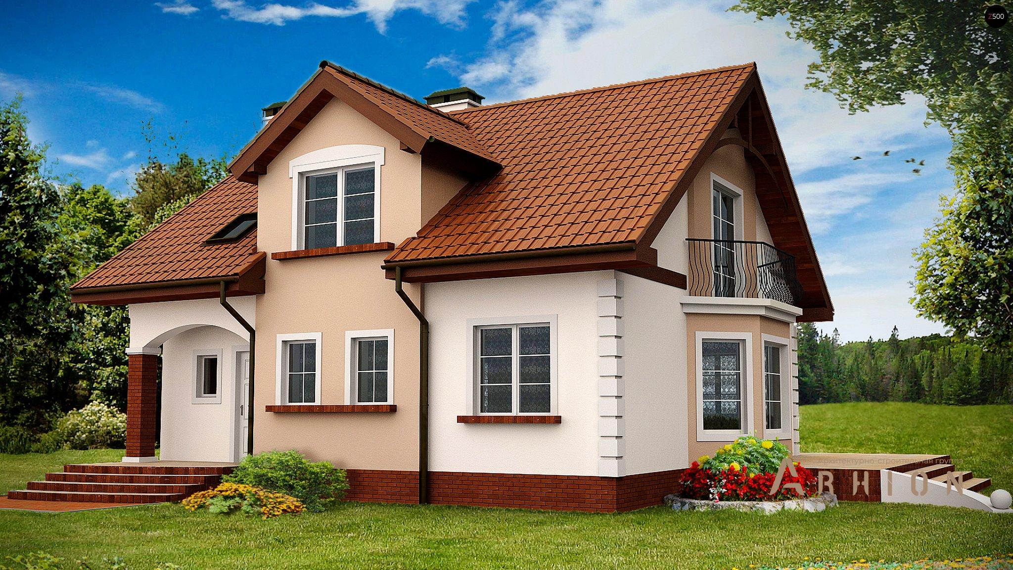 1. Проект одноэтажного дома в современном стиле с двускатной кровлей, Z28, площадью - 169 кв c мансардой, терассой, балконом, эркером