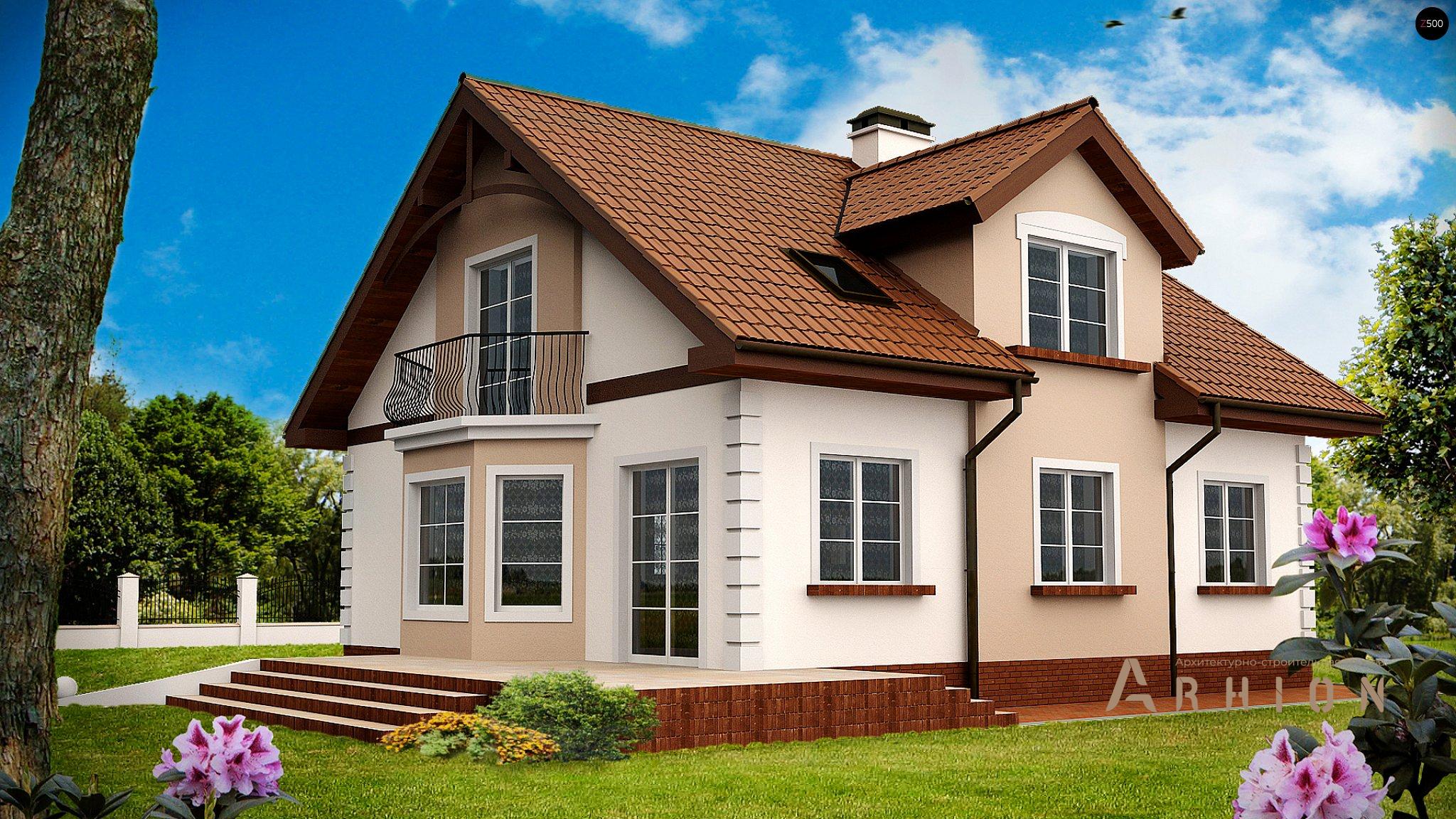 2. Проект одноэтажного дома в современном стиле с двускатной кровлей, Z28, площадью - 169 кв c мансардой, терассой, балконом, эркером