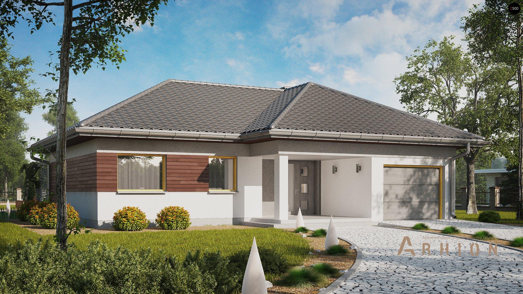 1. Проект одноэтажного дома в современном стиле с четырехскатной, Z280, площадью - 166 кв c терассой, гаражом