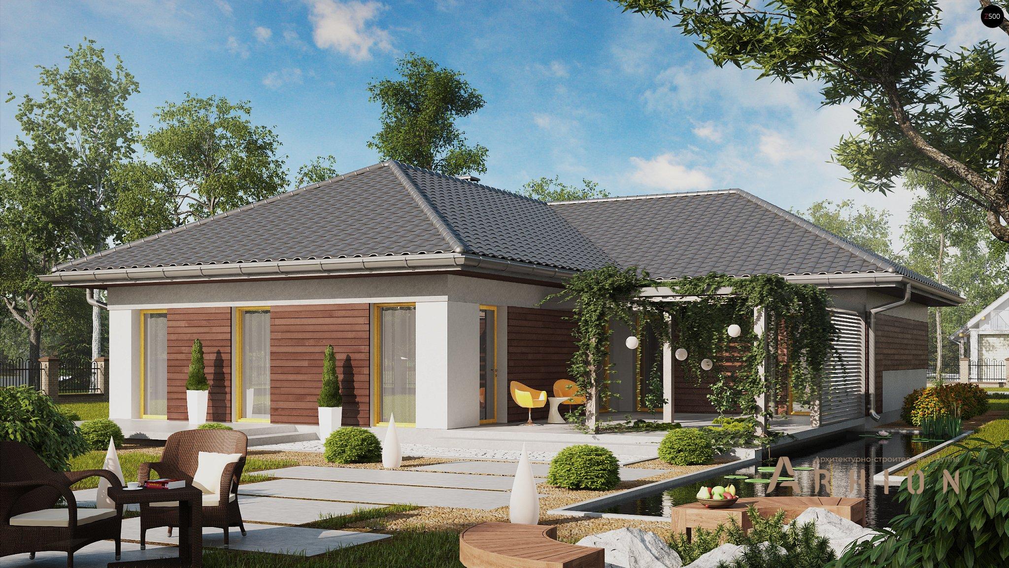 2. Проект одноэтажного дома в современном стиле с четырехскатной, Z280, площадью - 166 кв c терассой, гаражом