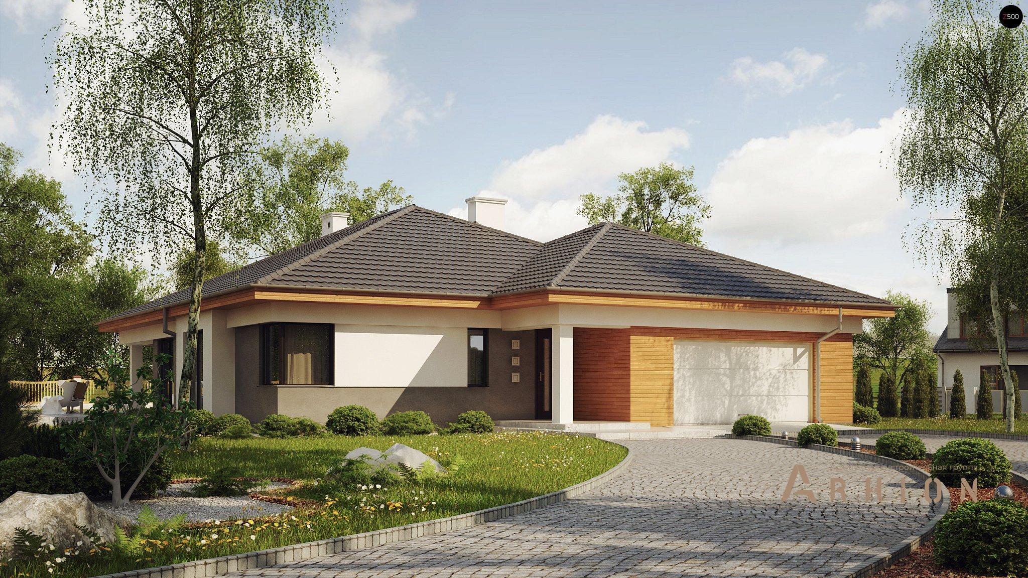 1. Проект одноэтажного дома в современном стиле с четырехскатной, Z281, площадью - 189 кв c терассой, гаражом, эркером