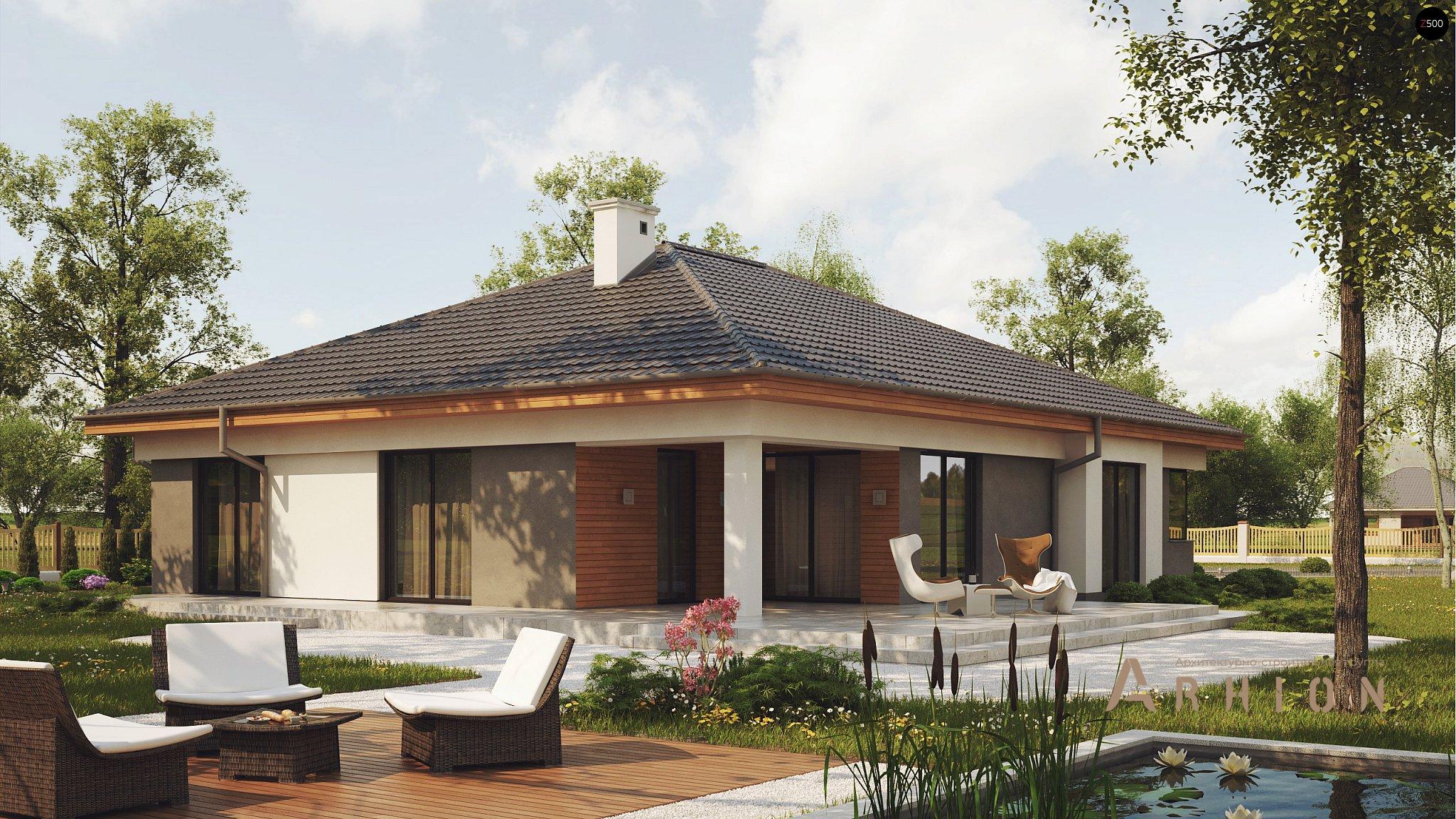 13. Проект одноэтажного дома в современном стиле с четырехскатной, Z281, площадью - 189 кв c терассой, гаражом, эркером