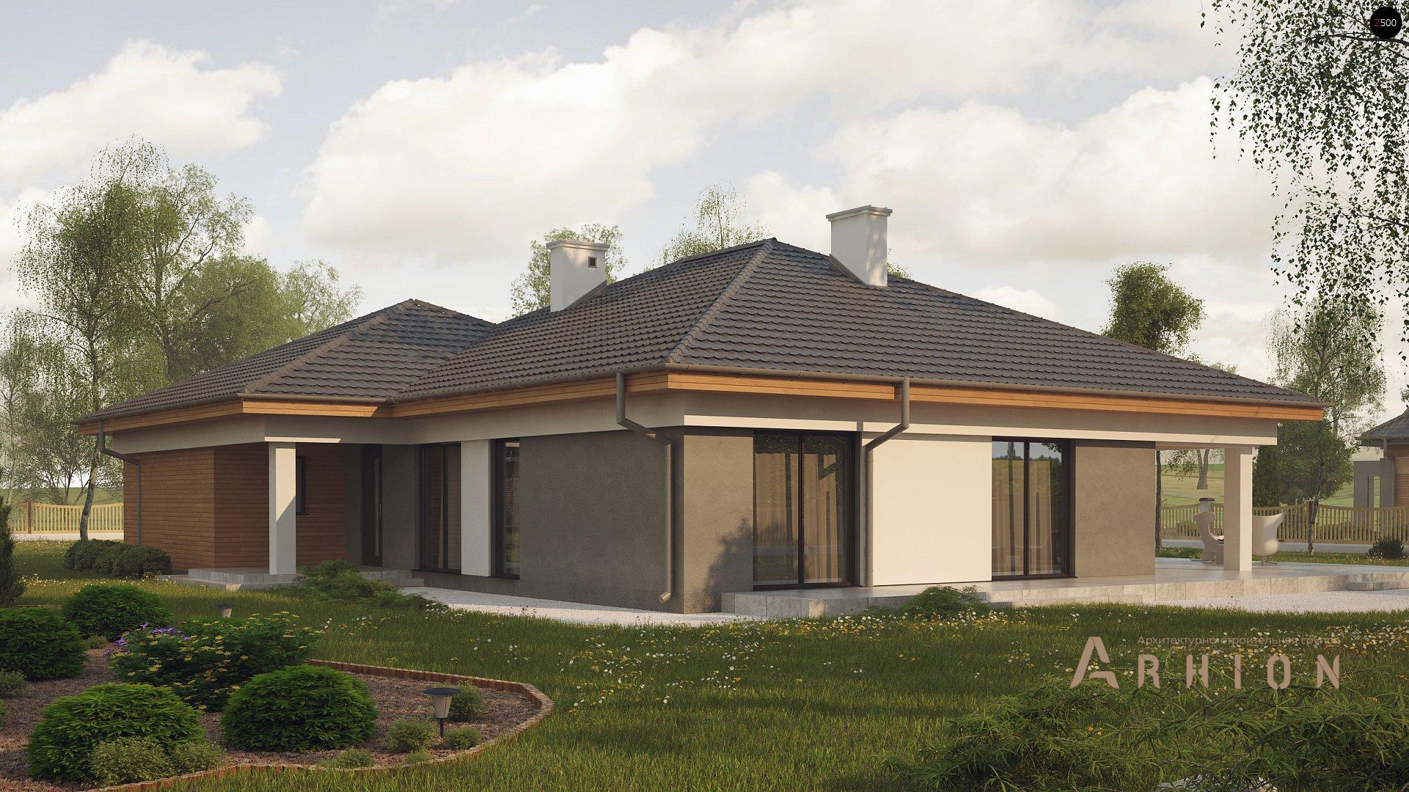 14. Проект одноэтажного дома в современном стиле с четырехскатной, Z281, площадью - 189 кв c терассой, гаражом, эркером