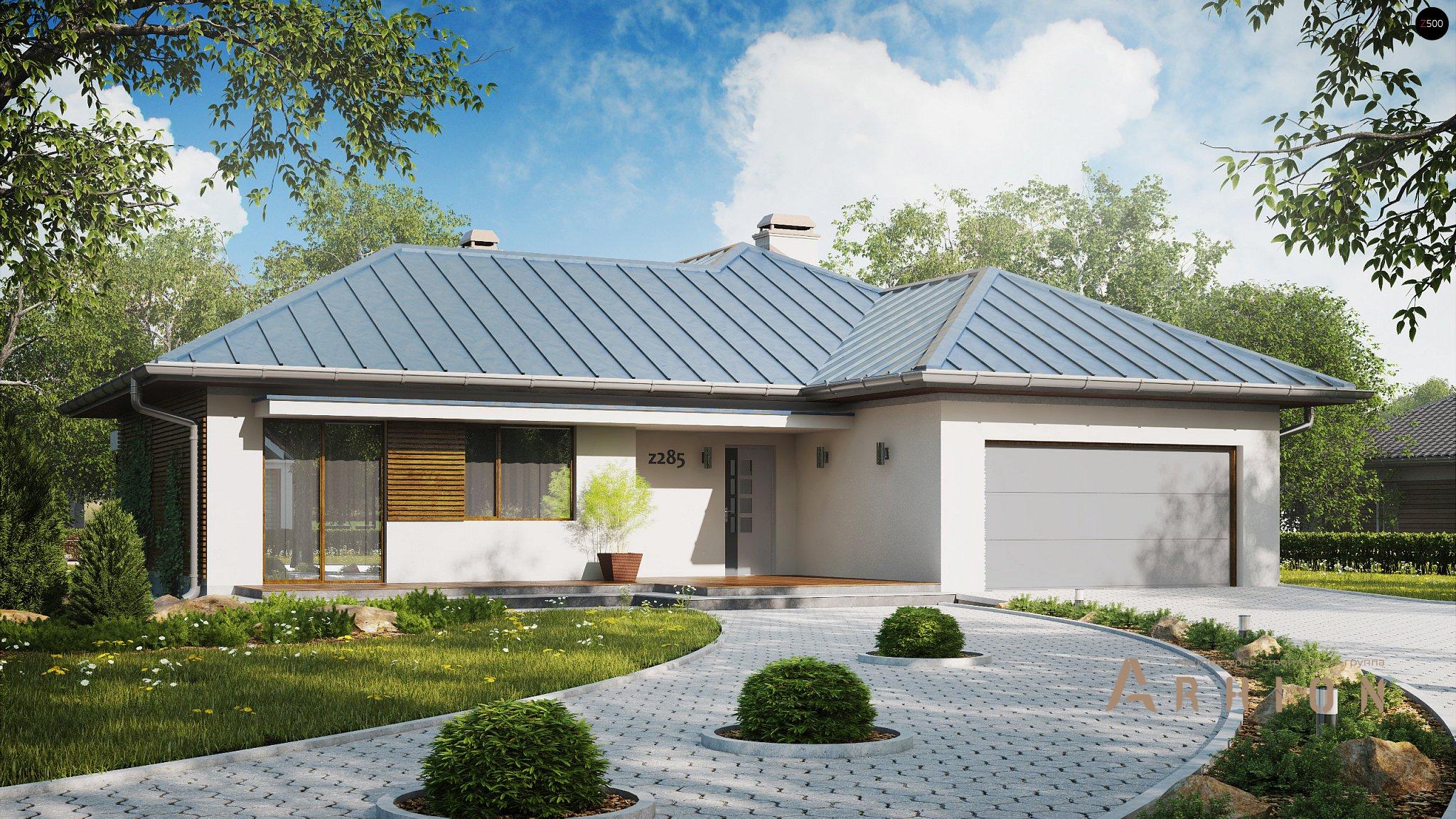 1. Проект одноэтажного дома в современном стиле с четырехскатной, Z285, площадью - 169 кв c терассой, гаражом