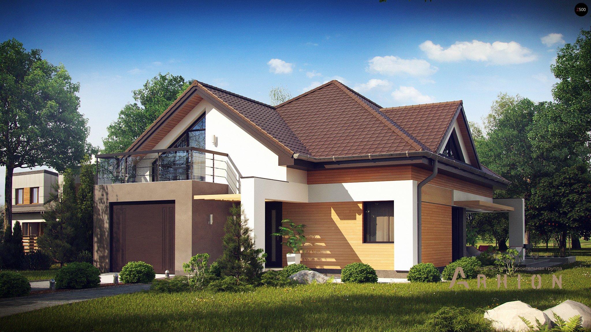 1. Проект одноэтажного дома в альпийском стиле с многоскатной кровлей, Z288, площадью - 213 кв c мансардой, терассой, балконом, гаражом, эркером