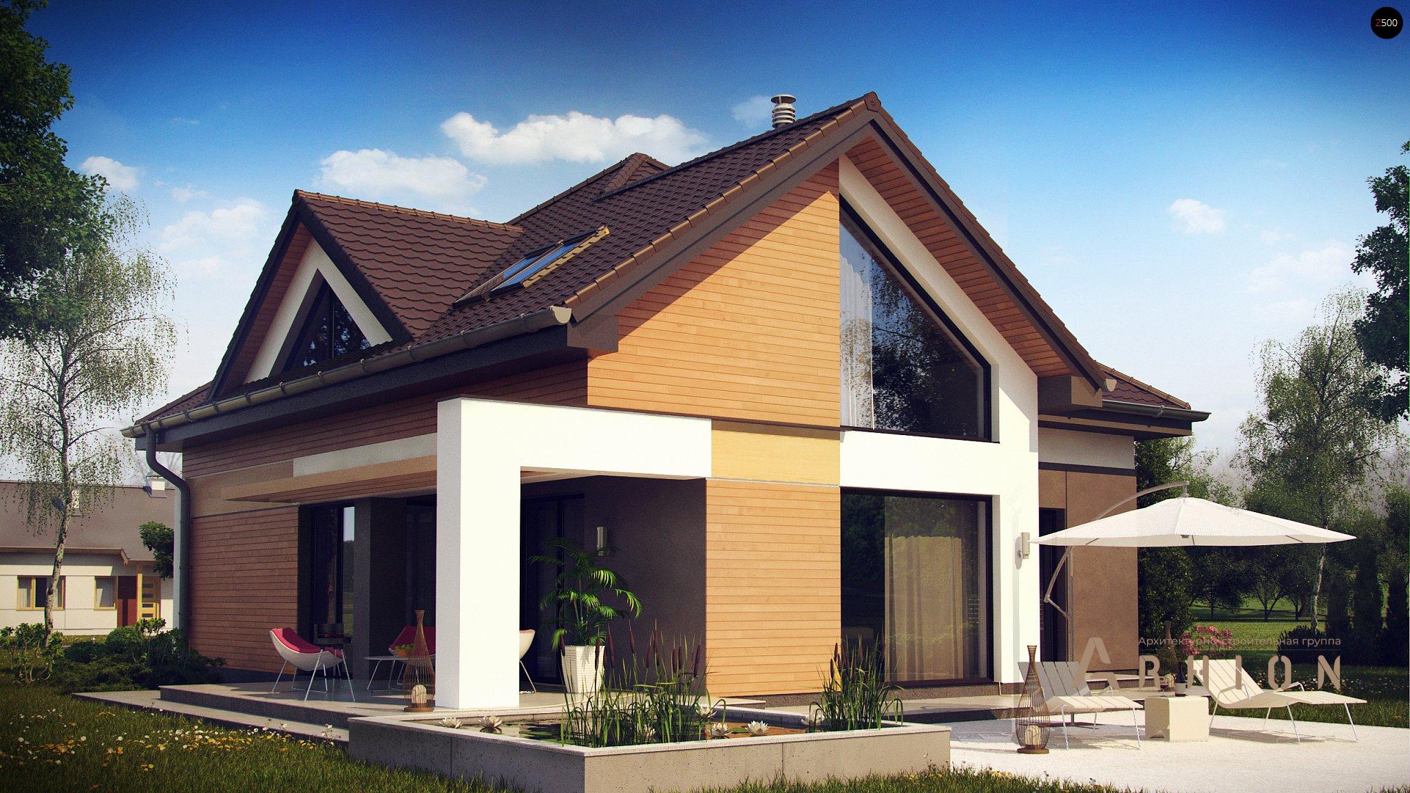 2. Проект одноэтажного дома в альпийском стиле с многоскатной кровлей, Z288, площадью - 213 кв c мансардой, терассой, балконом, гаражом, эркером