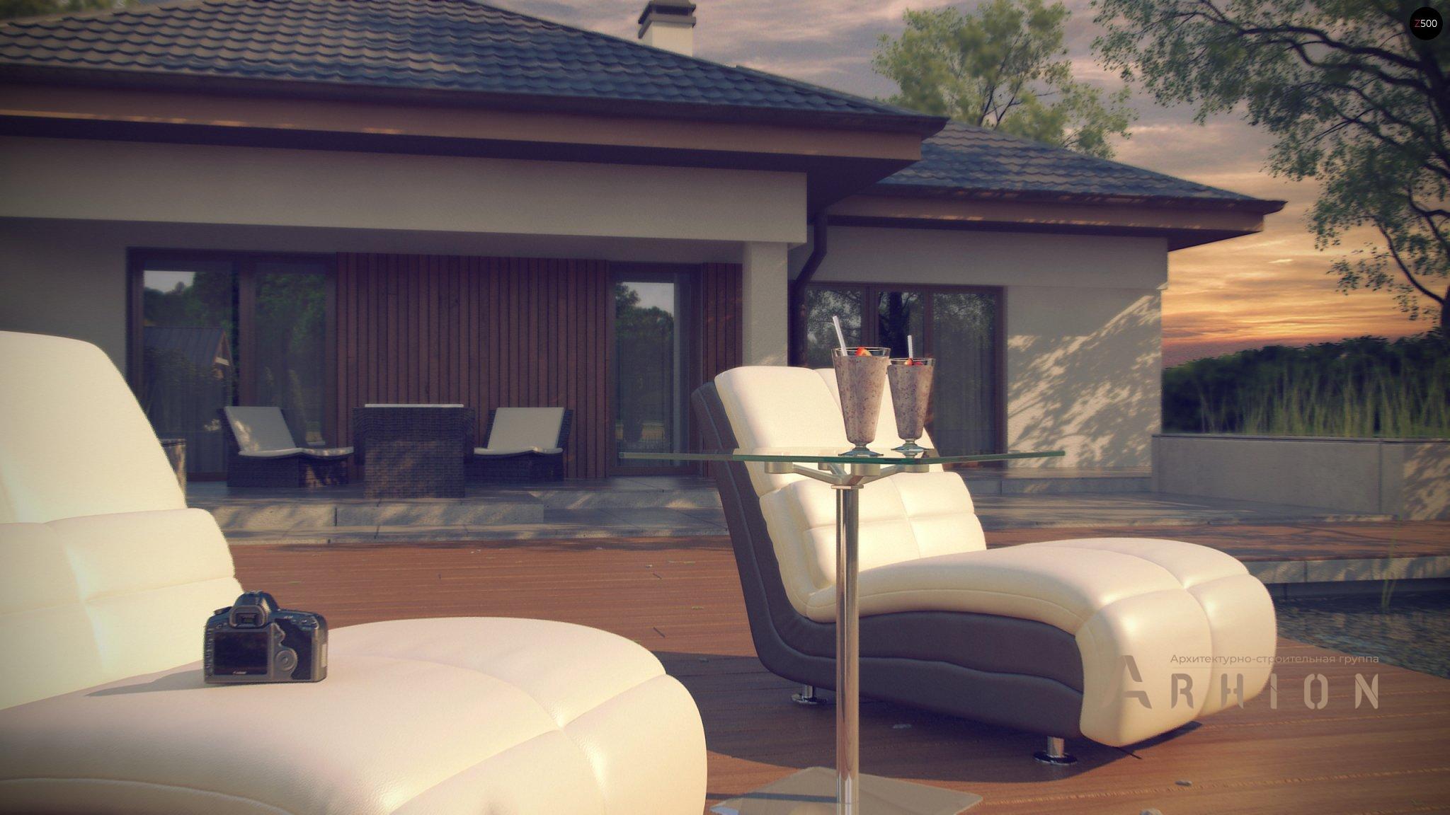 9. Проект одноэтажного дома в современном стиле с четырехскатной, Z289, площадью - 150 кв c терассой, гаражом, эркером