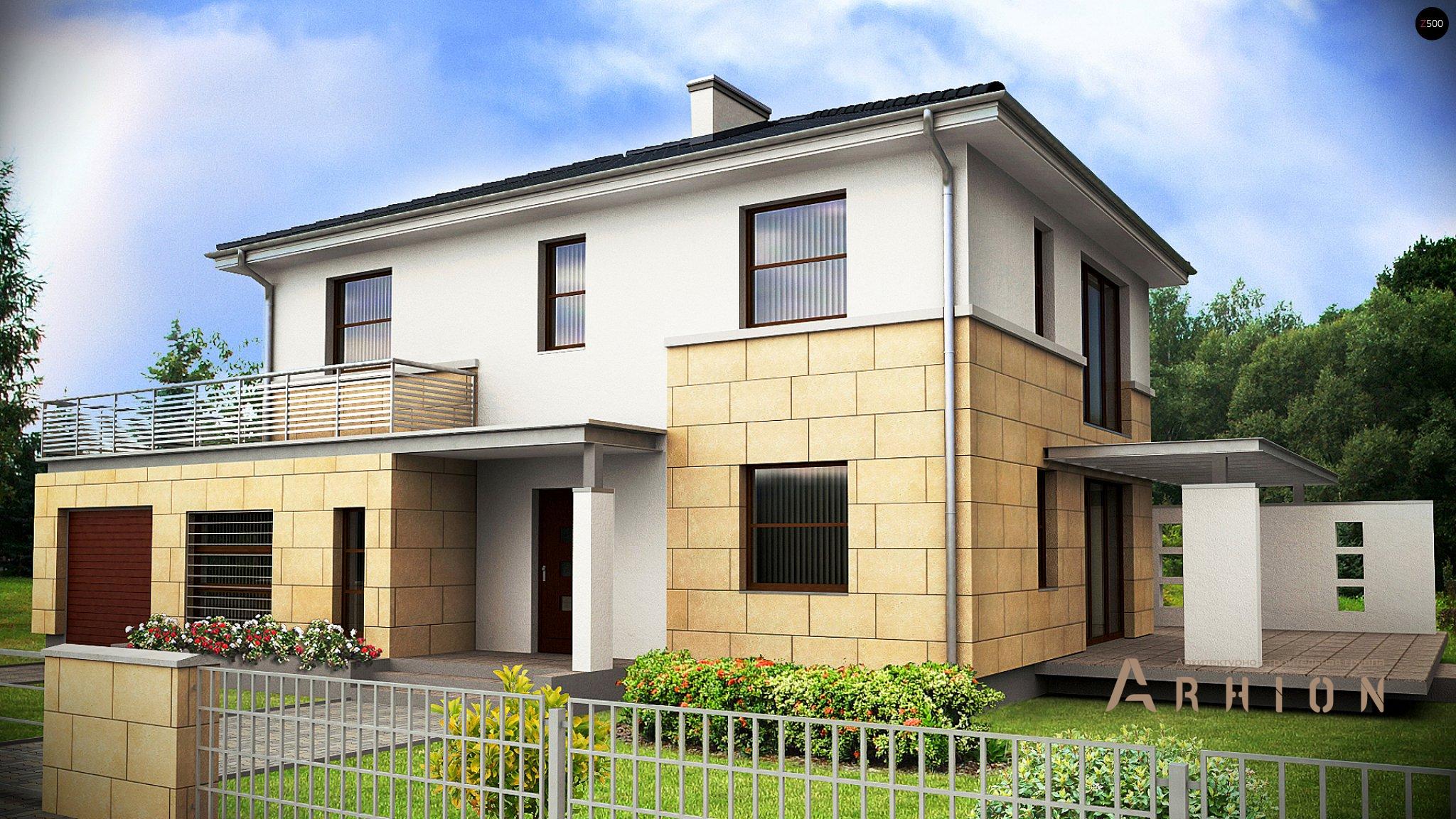 1. Проект двухэтажного дома в современном стиле с четырехскатной, Z29, площадью - 174 кв c терассой, балконом, гаражом