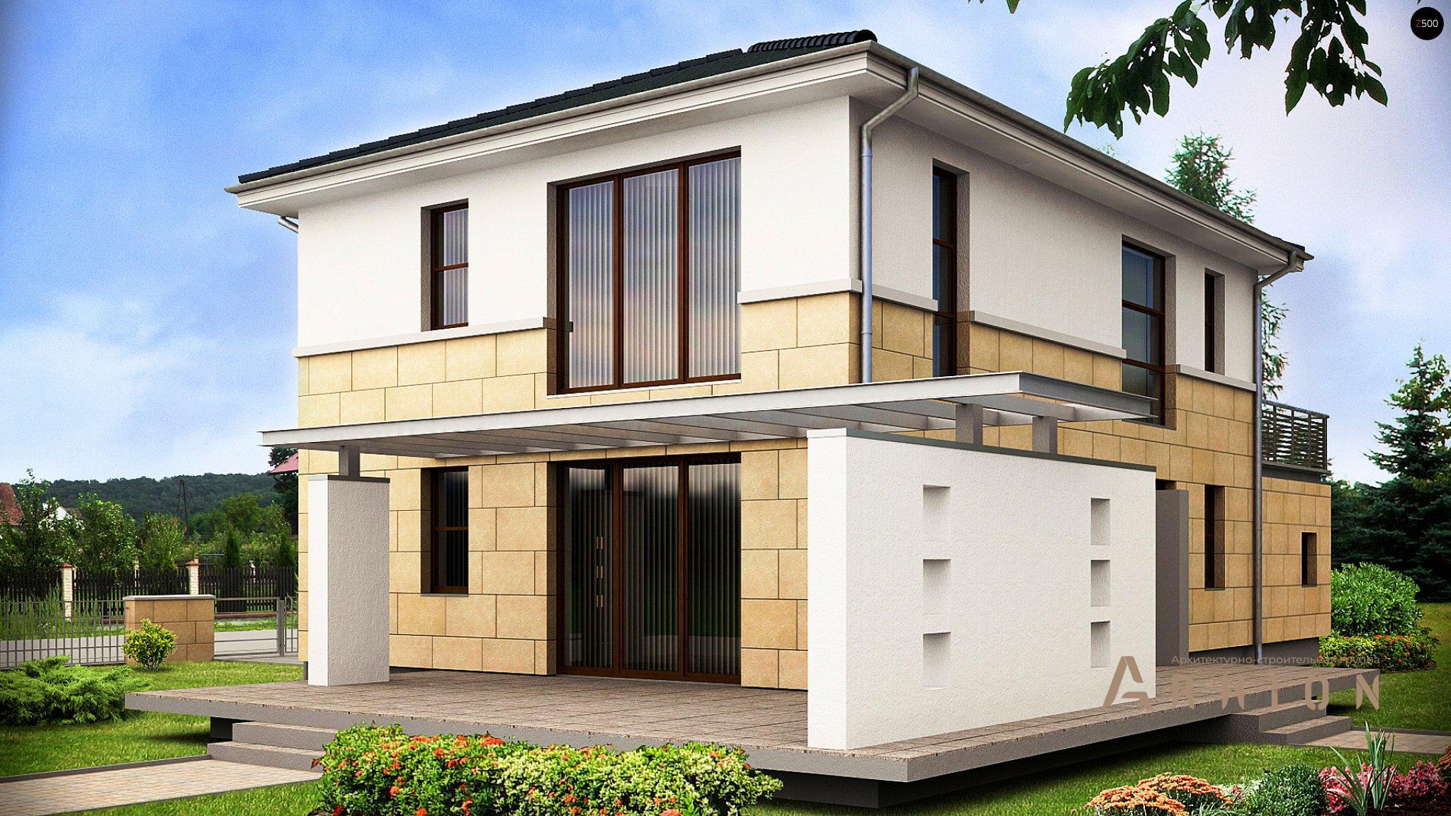 2. Проект двухэтажного дома в современном стиле с четырехскатной, Z29, площадью - 174 кв c терассой, балконом, гаражом