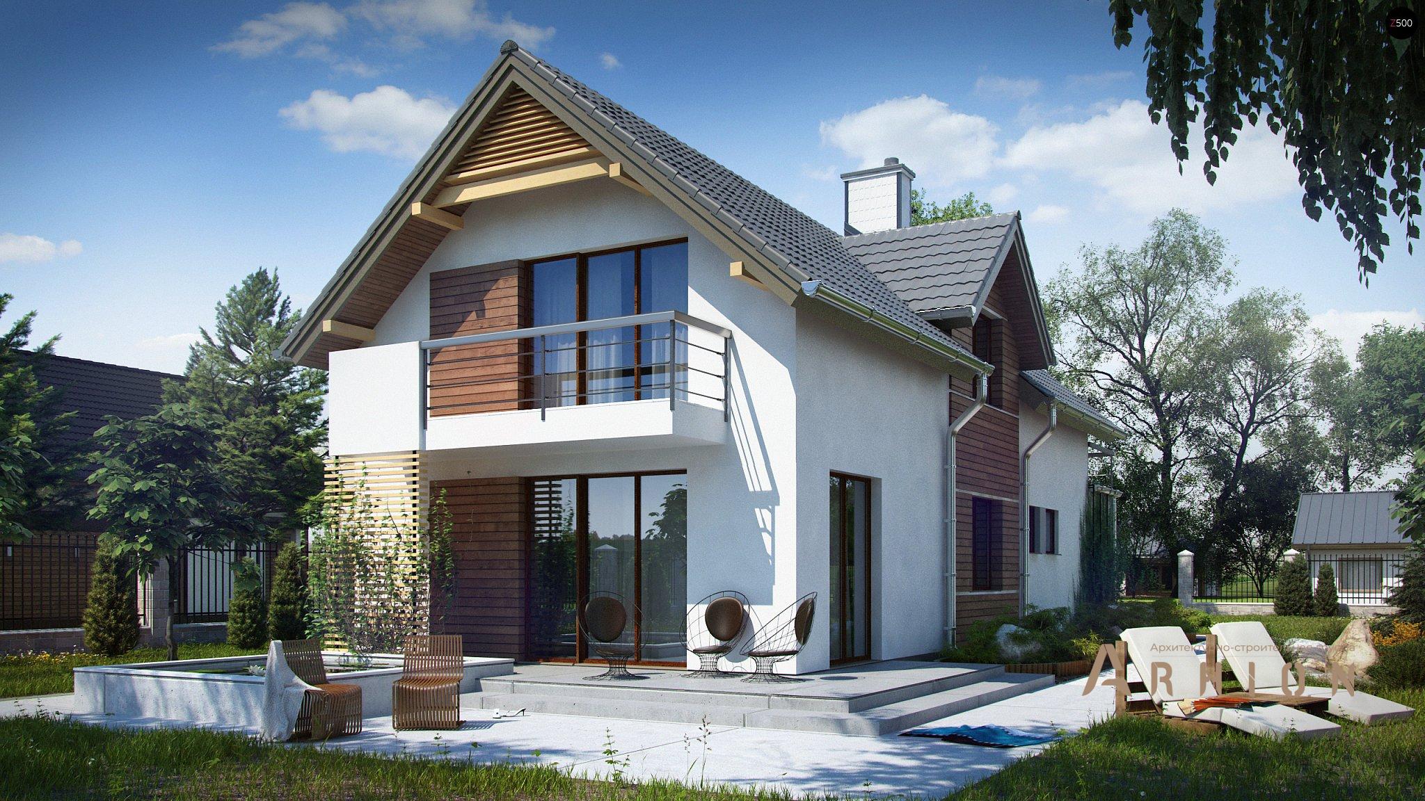 1. Проект одноэтажного дома в современном стиле с двускатной кровлей, Z293, площадью - 114 кв c мансардой, терассой, балконом, гаражом