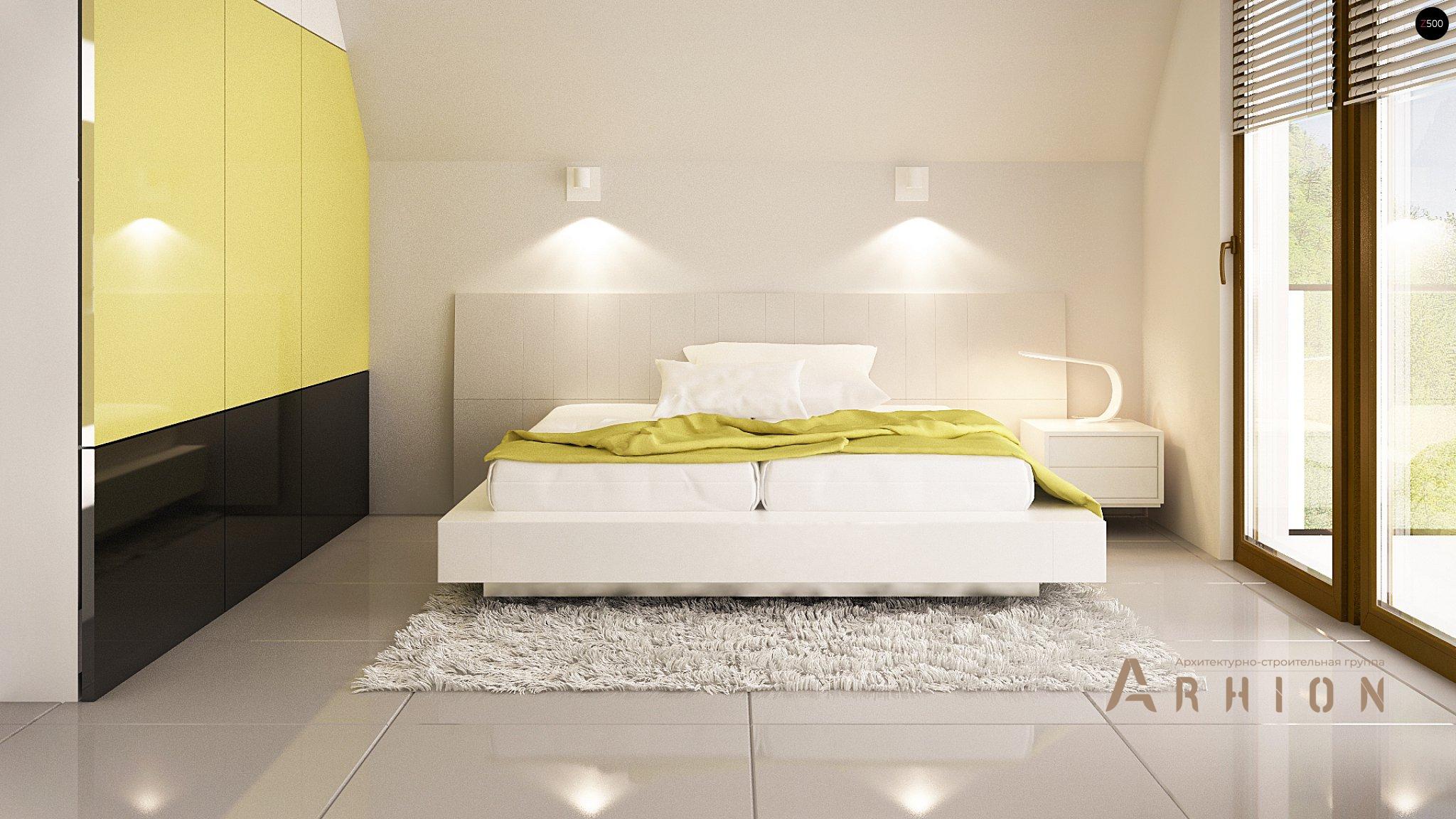 8. Проект одноэтажного дома в современном стиле с двускатной кровлей, Z293, площадью - 114 кв c мансардой, терассой, балконом, гаражом