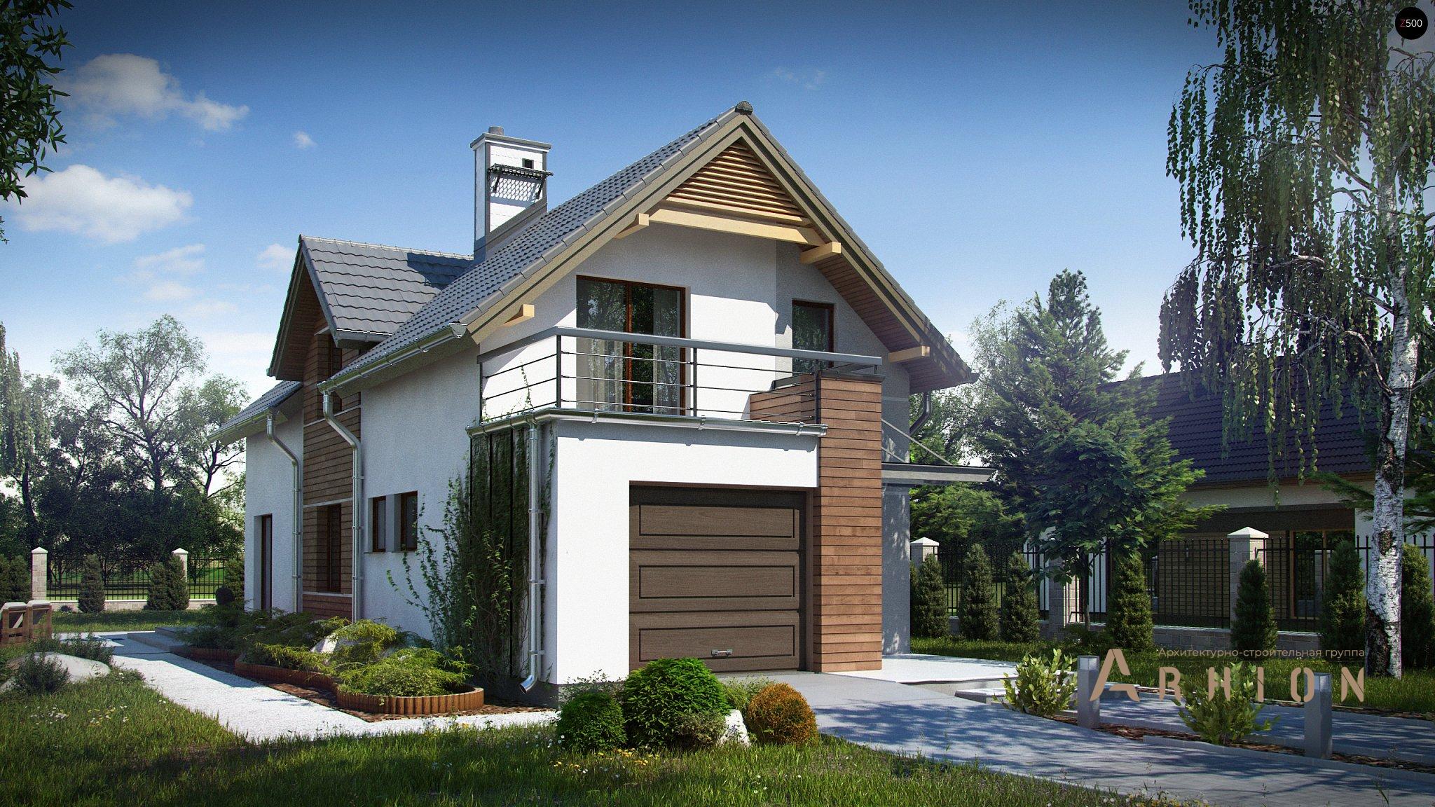 13. Проект одноэтажного дома в современном стиле с двускатной кровлей, Z293, площадью - 114 кв c мансардой, терассой, балконом, гаражом