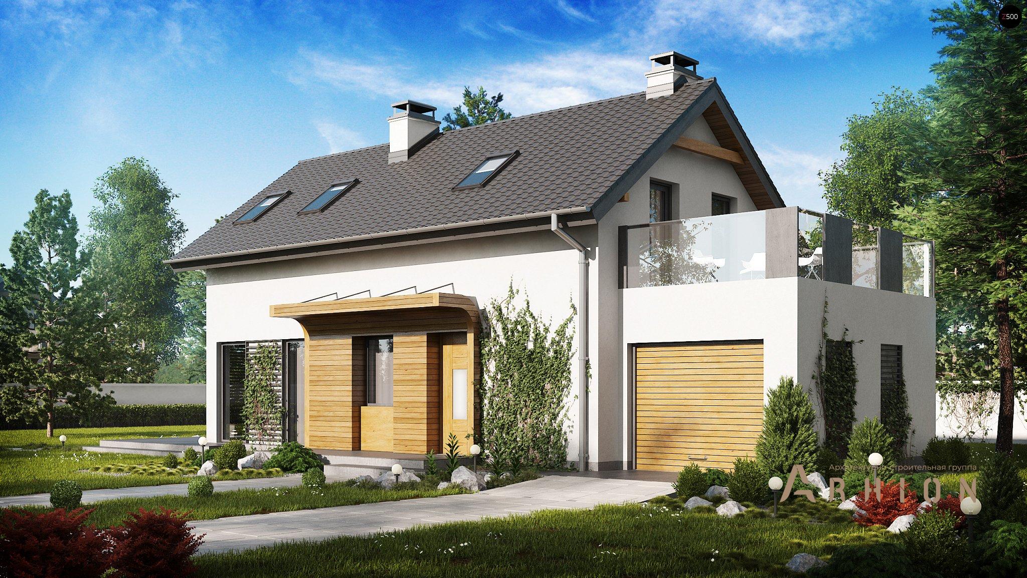 1. Проект одноэтажного дома в современном стиле с двускатной кровлей, Z298, площадью - 123 кв c мансардой, терассой, балконом, гаражом