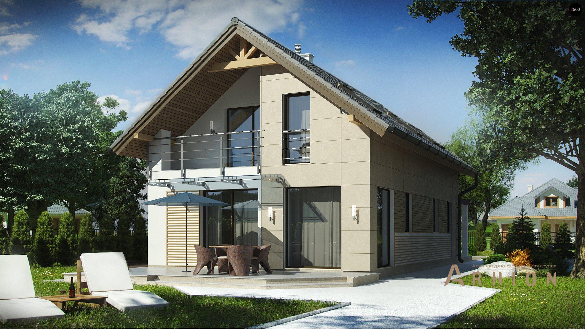 2. Проект одноэтажного дома в канадском стиле с двускатной кровлей, Z299, площадью - 144 кв c мансардой, терассой, балконом, гаражом