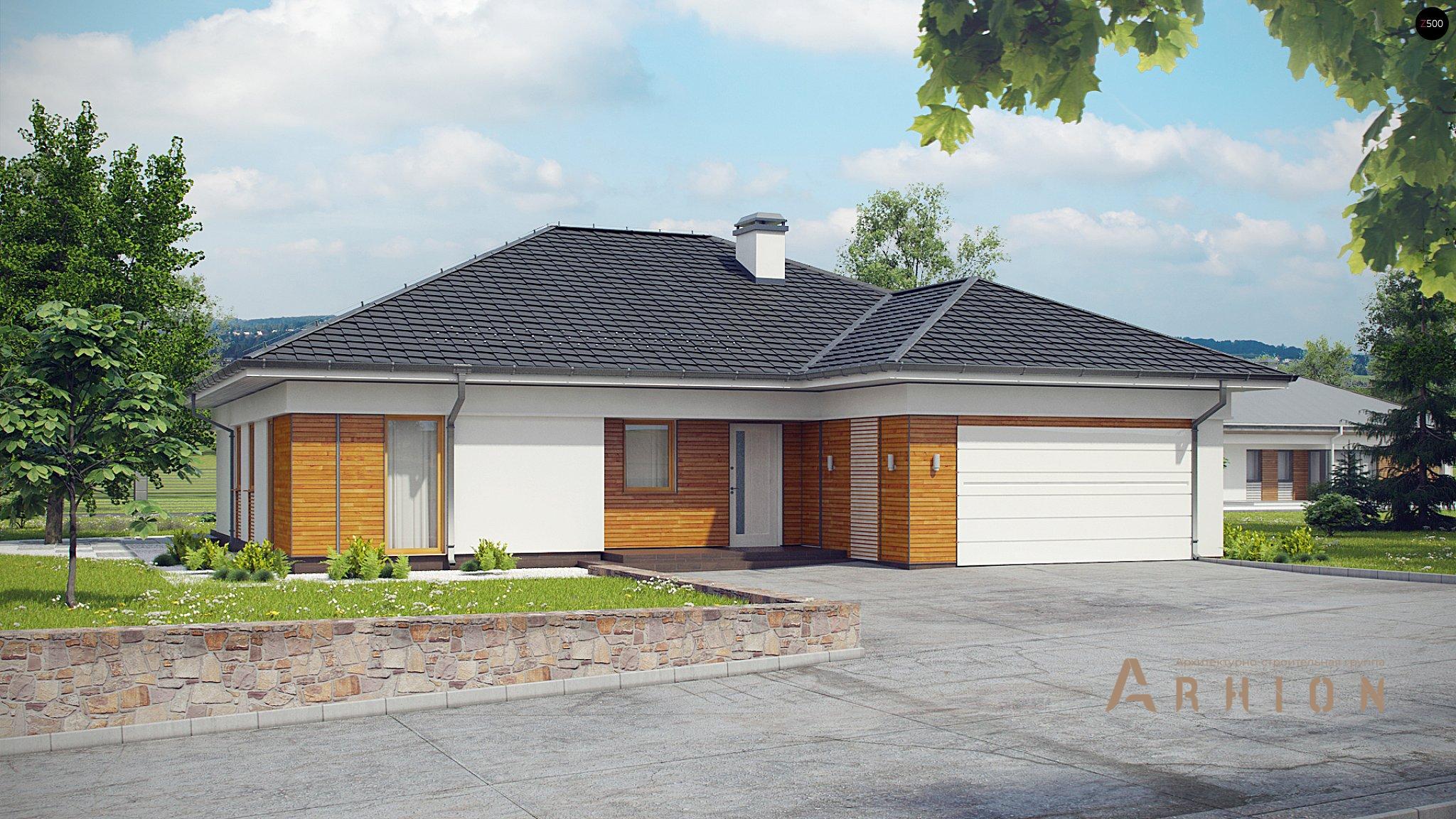 1. Проект одноэтажного дома в современном стиле с четырехскатной, Z303, площадью - 184 кв c терассой, гаражом