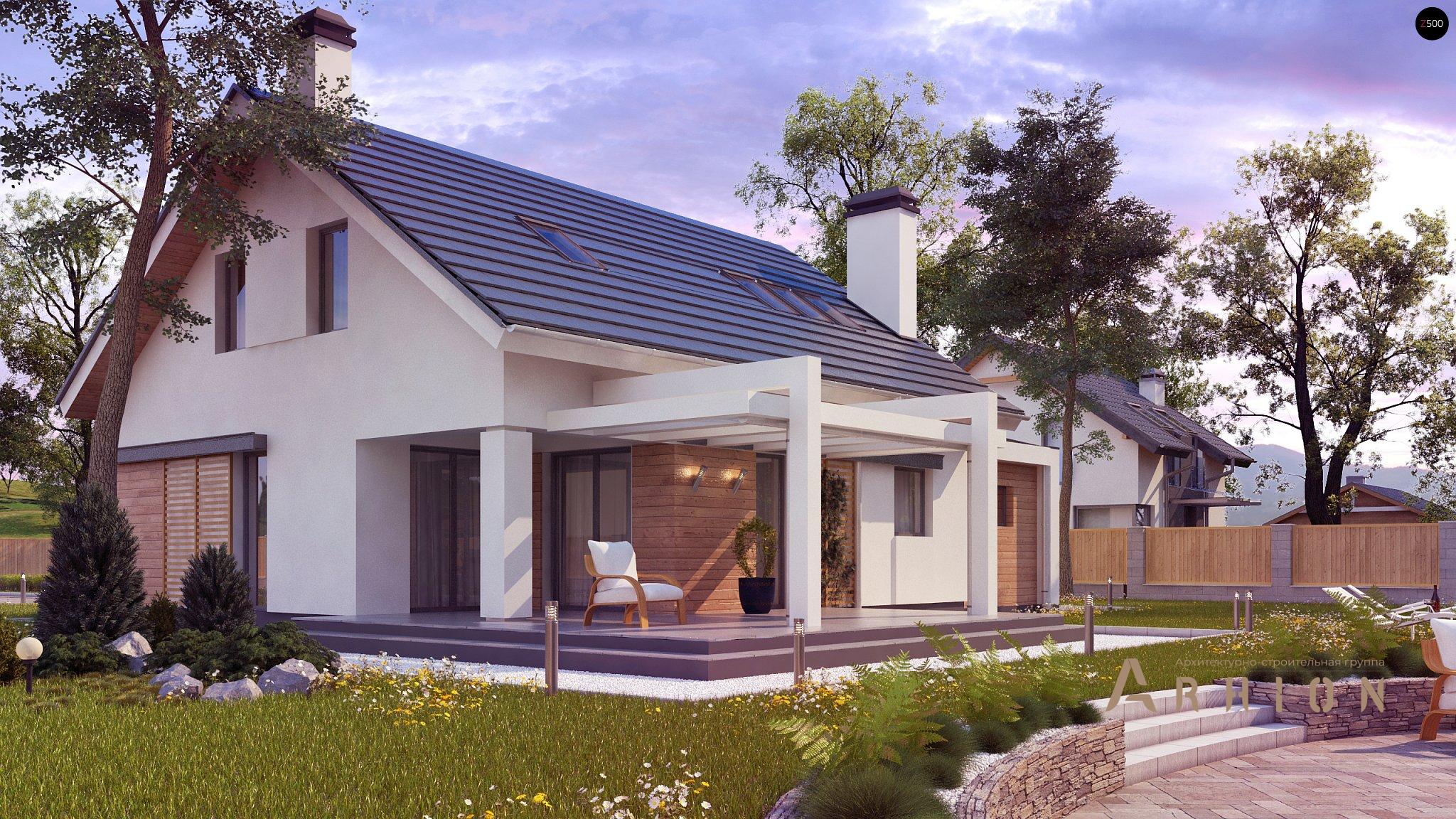 4. Проект одноэтажного дома в канадском стиле с двускатной кровлей, Z305, площадью - 185 кв c мансардой, терассой, гаражом