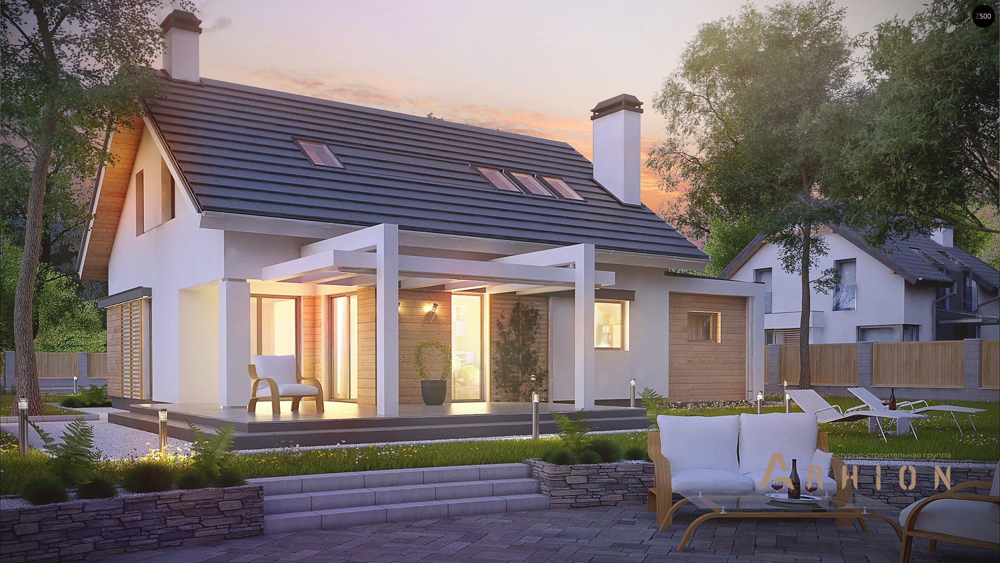 6. Проект одноэтажного дома в канадском стиле с двускатной кровлей, Z305, площадью - 185 кв c мансардой, терассой, гаражом