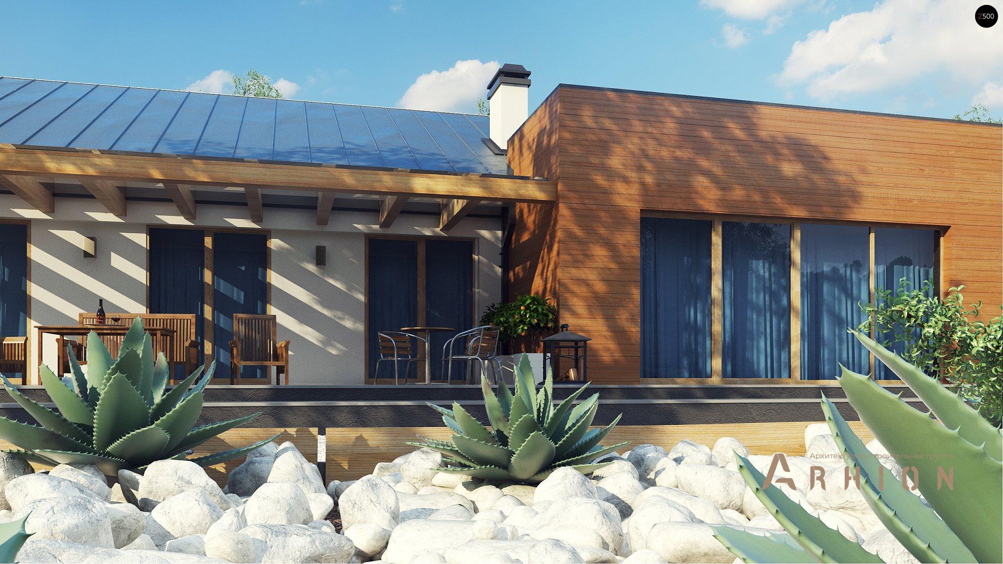 6. Проект одноэтажного дома в канадском стиле с двускатной кровлей, Z312, площадью - 206 кв c терассой, гаражом, эркером