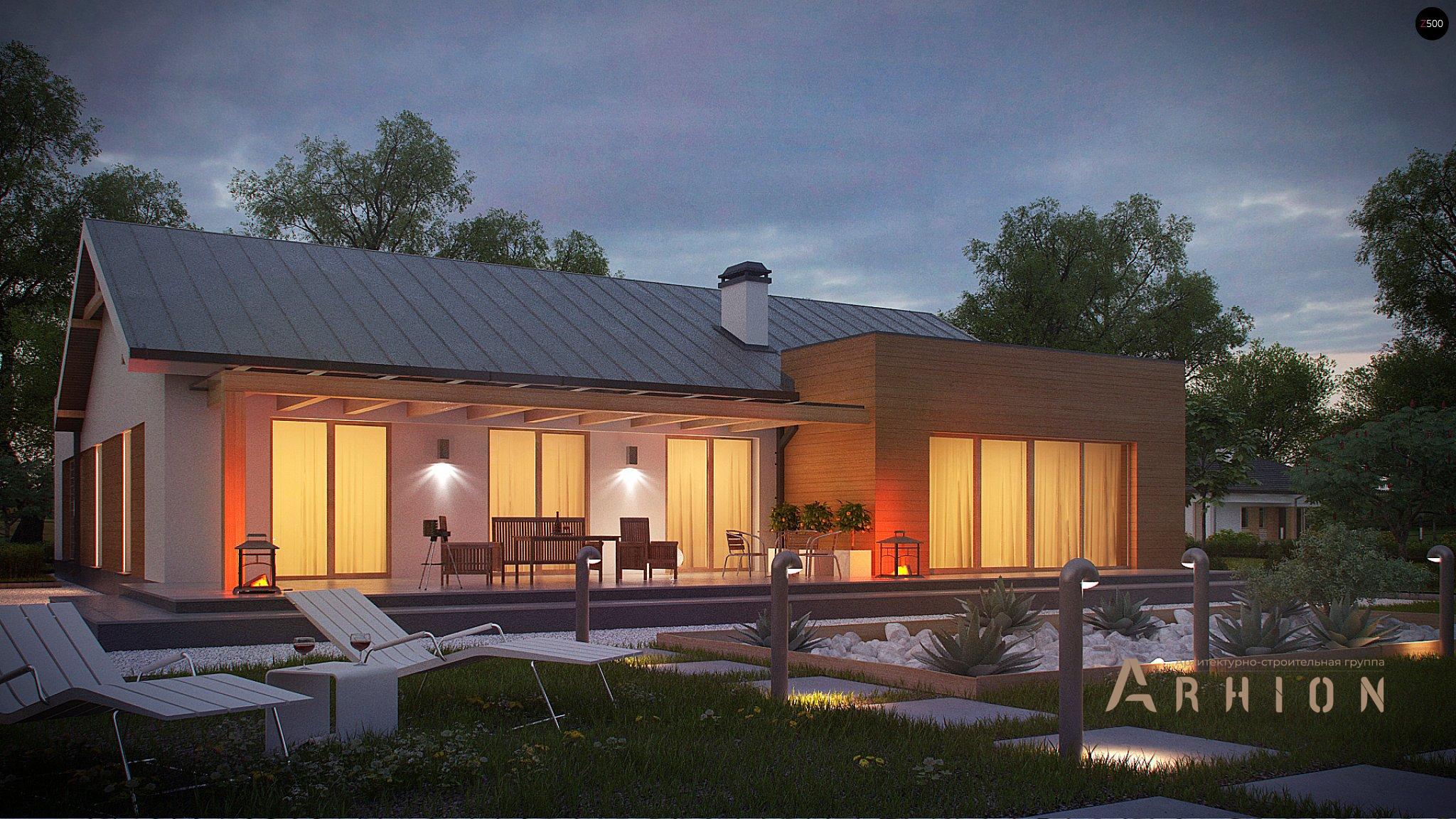 8. Проект одноэтажного дома в канадском стиле с двускатной кровлей, Z312, площадью - 206 кв c терассой, гаражом, эркером