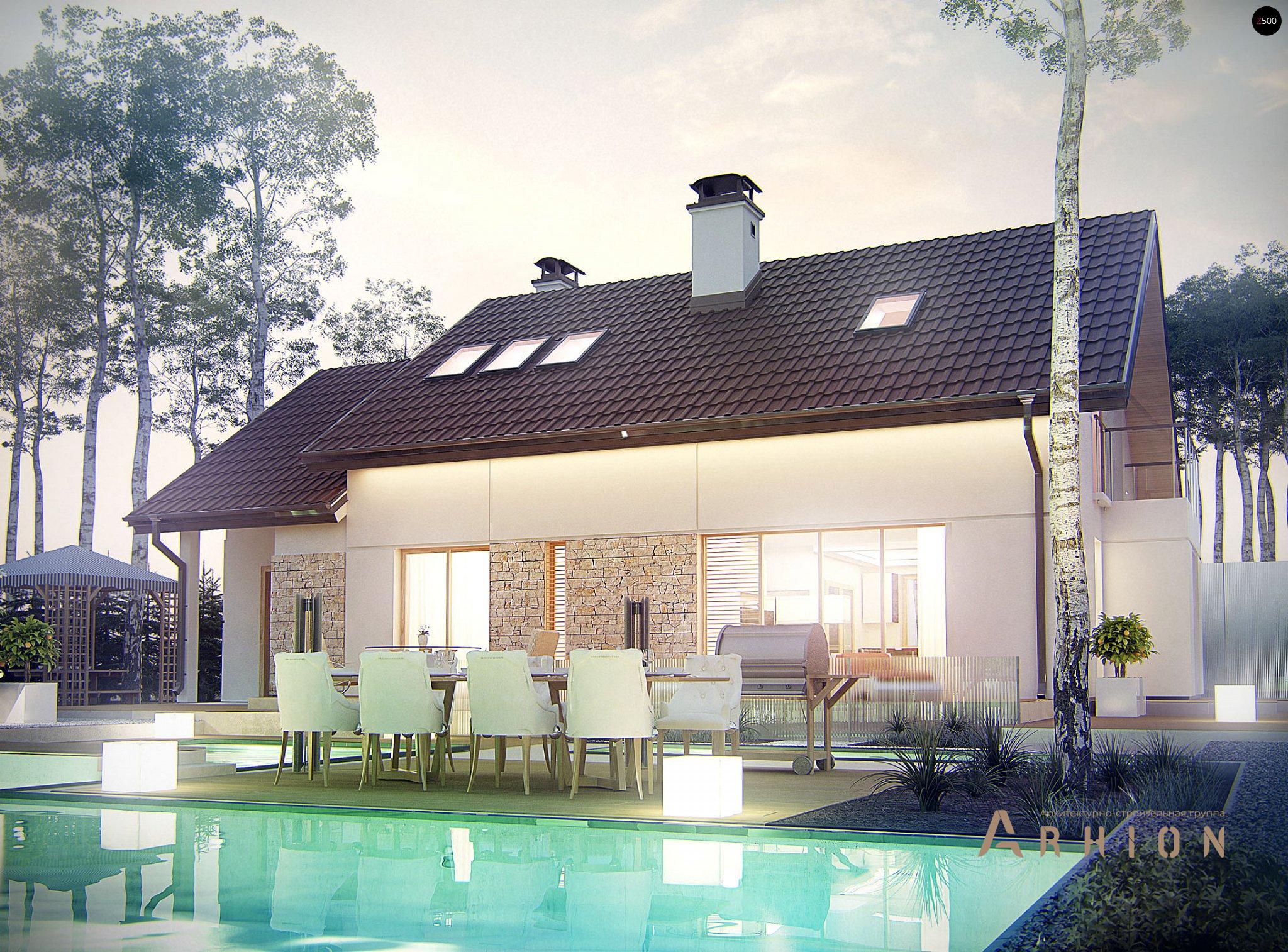 1. Проект одноэтажного дома в канадском стиле с двускатной кровлей, Z318, площадью - 194 кв c мансардой, терассой, балконом, гаражом, эркером