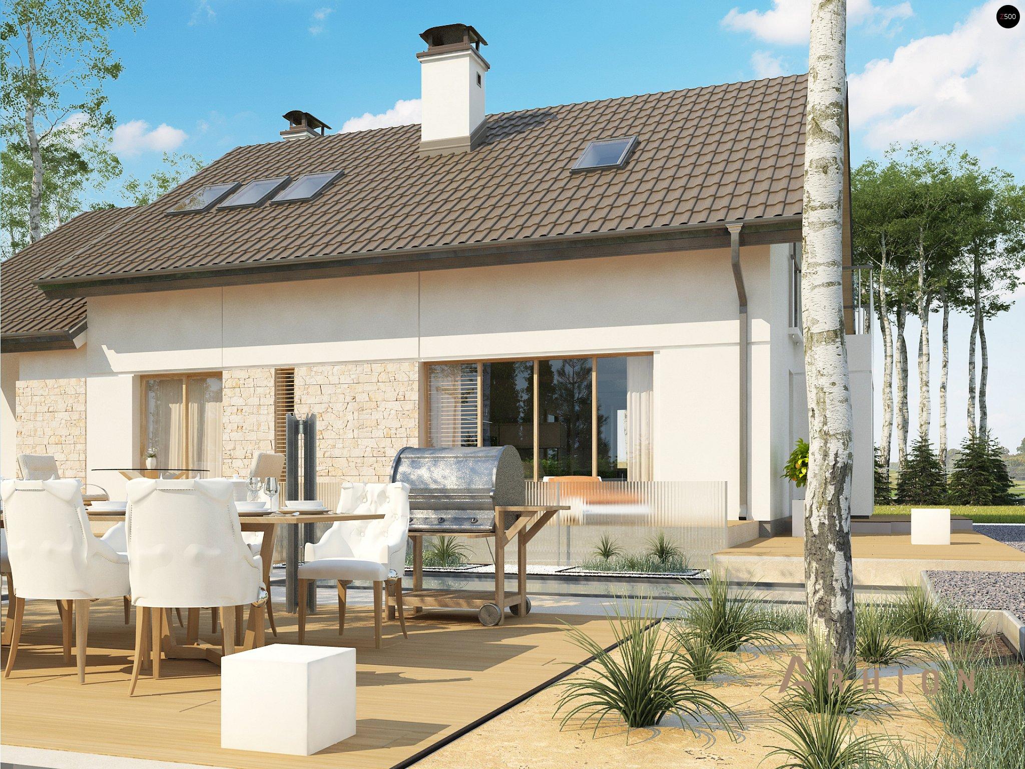 5. Проект одноэтажного дома в канадском стиле с двускатной кровлей, Z318, площадью - 194 кв c мансардой, терассой, балконом, гаражом, эркером