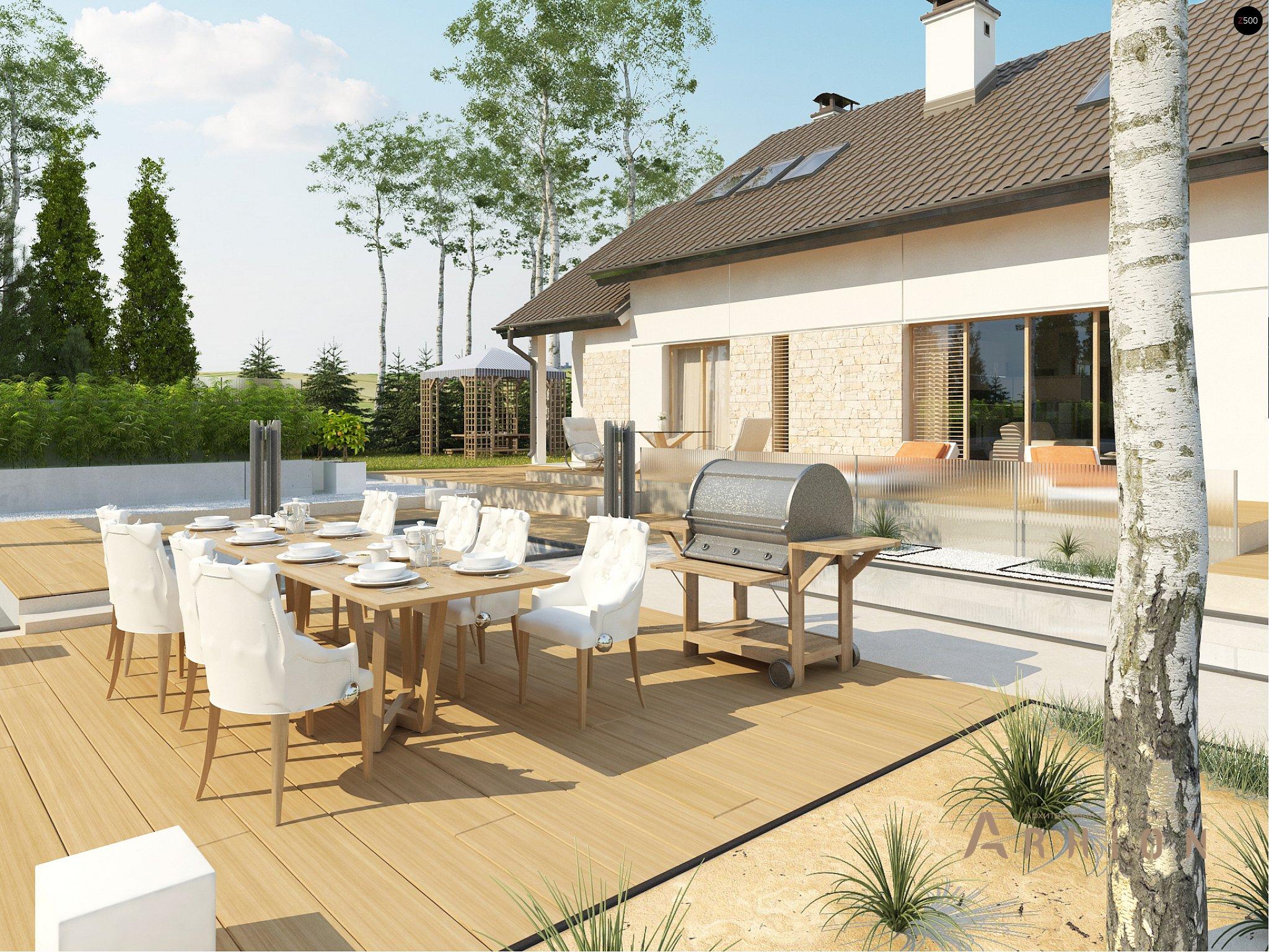 6. Проект одноэтажного дома в канадском стиле с двускатной кровлей, Z318, площадью - 194 кв c мансардой, терассой, балконом, гаражом, эркером