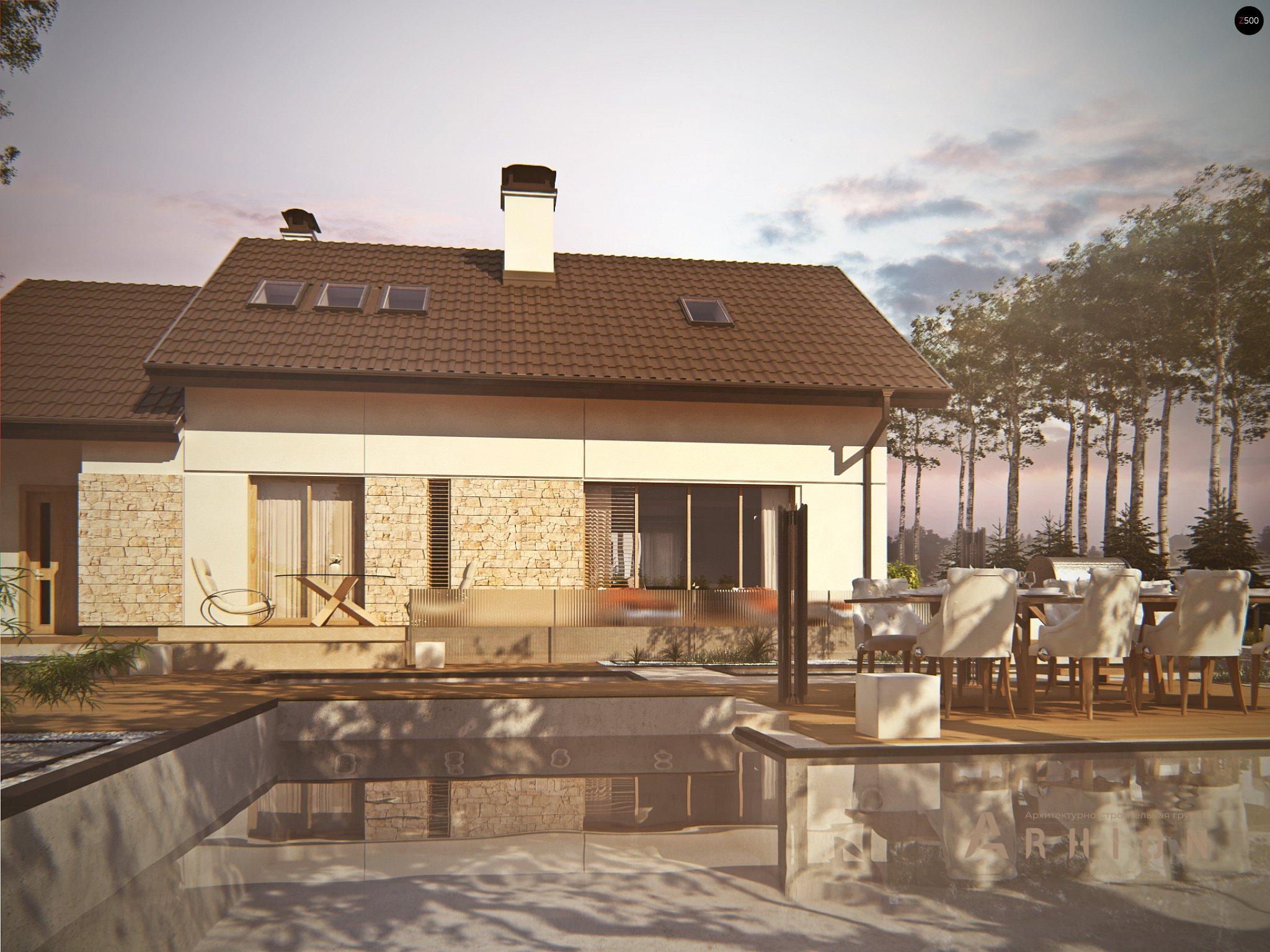 9. Проект одноэтажного дома в канадском стиле с двускатной кровлей, Z318, площадью - 194 кв c мансардой, терассой, балконом, гаражом, эркером