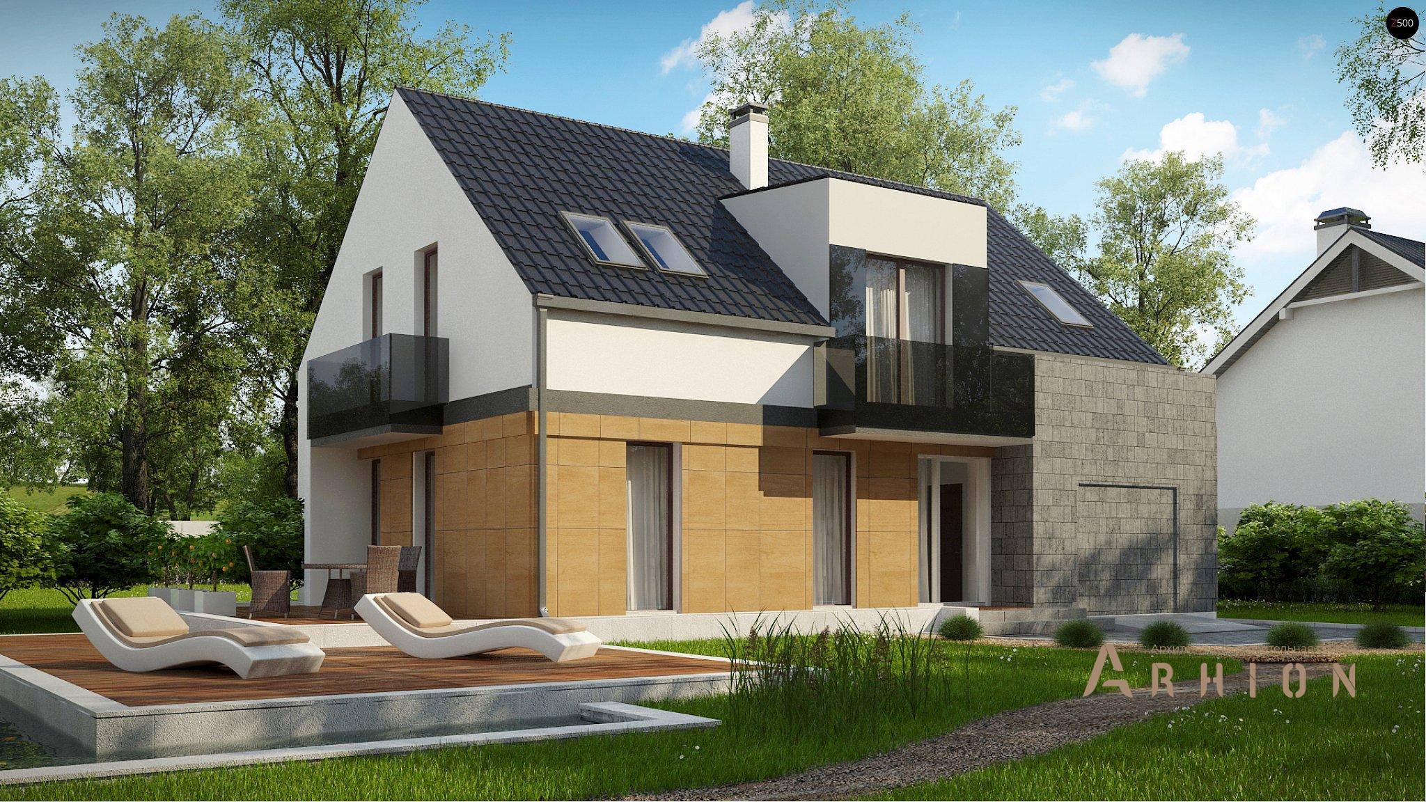 1. Проект одноэтажного дома в стиле барн с двускатной кровлей, Z322, площадью - 183 кв c мансардой, терассой, балконом, гаражом