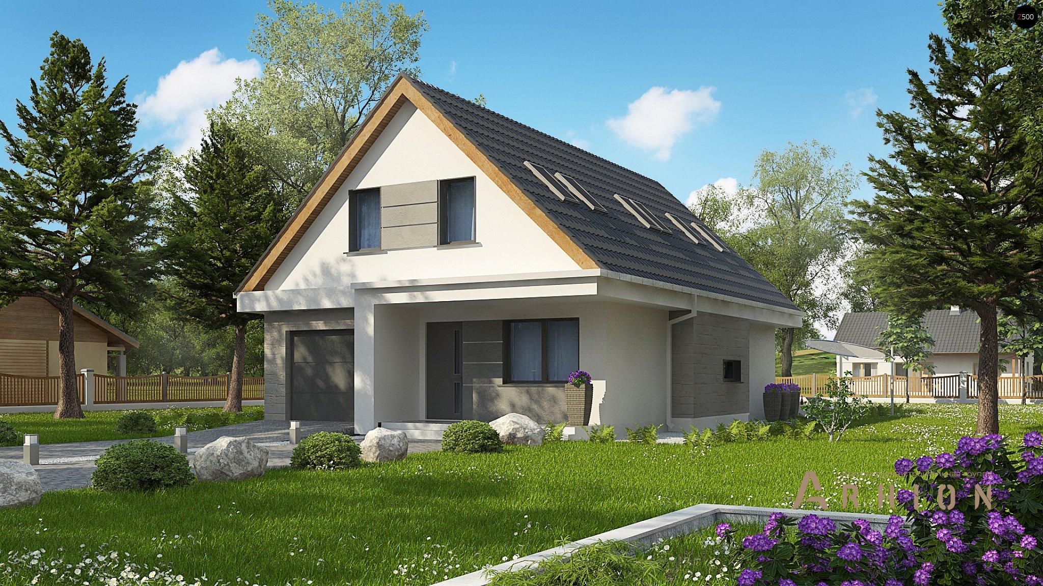 1. Проект одноэтажного дома в современном стиле с двускатной кровлей, Z324, площадью - 208 кв c мансардой, терассой, гаражом