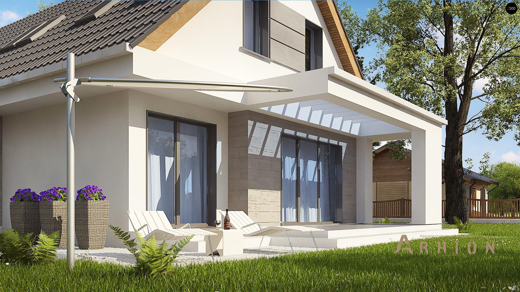 7. Проект одноэтажного дома в современном стиле с двускатной кровлей, Z324, площадью - 208 кв c мансардой, терассой, гаражом