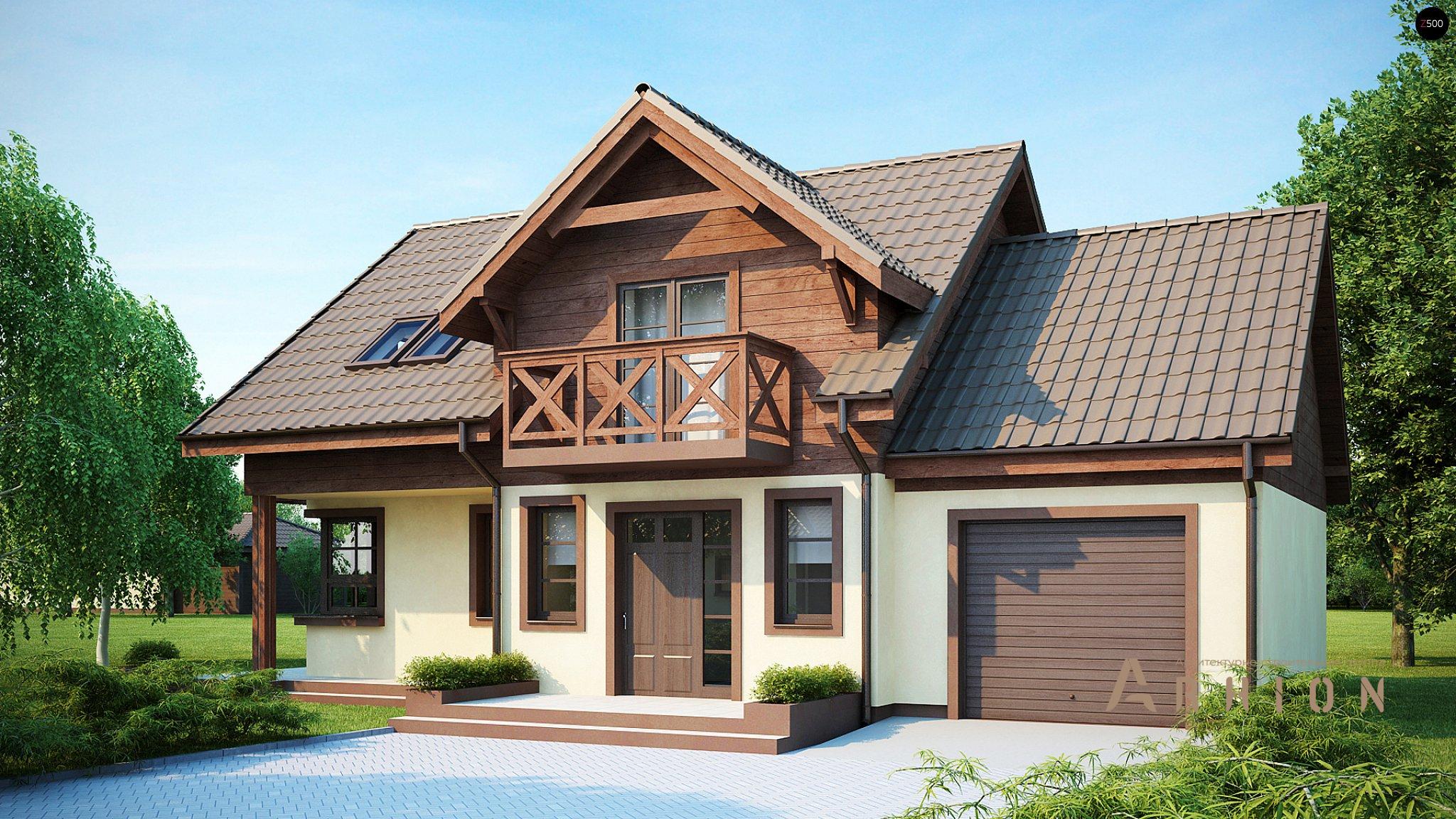 1. Проект одноэтажного дома в альпийском стиле с двускатной кровлей, Z33, площадью - 133 кв c мансардой, терассой, балконом, гаражом