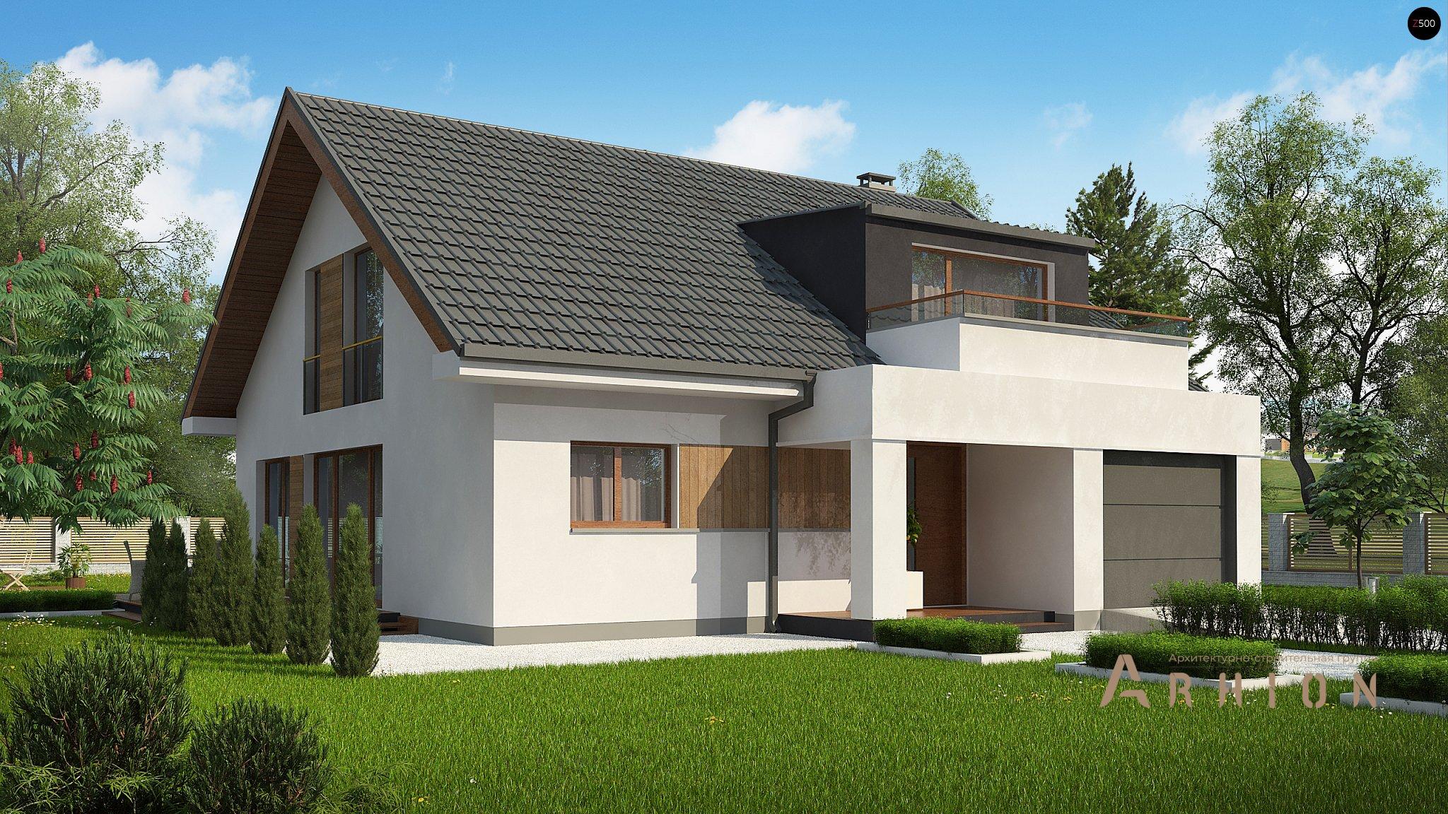 1. Проект одноэтажного дома в канадском стиле с двускатной кровлей, Z331, площадью - 220 кв c мансардой, терассой, балконом, гаражом